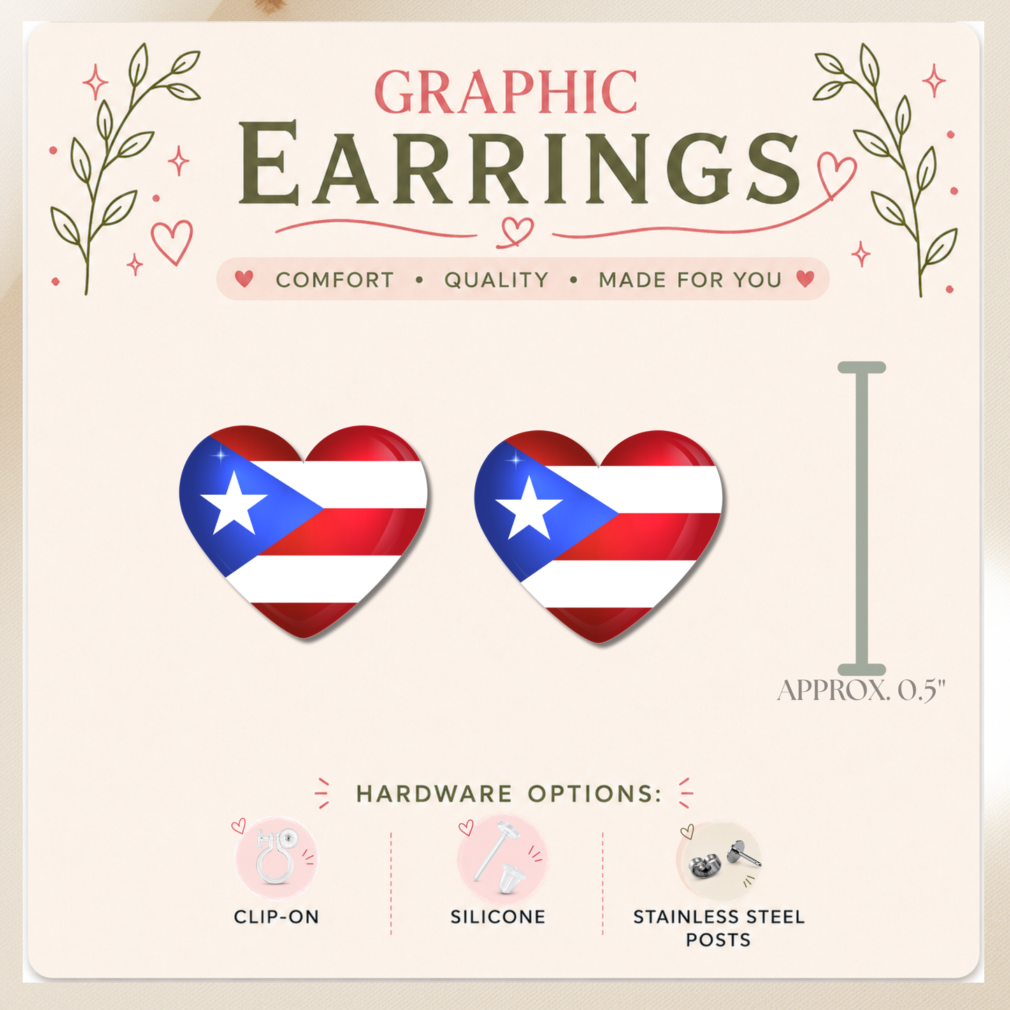 Puerto Rico Flag Heart Stud Earrings, Boricua Pride Earrings, Puerto Rican Jewelry, Resin Sealed Lightweight Studs  Description: