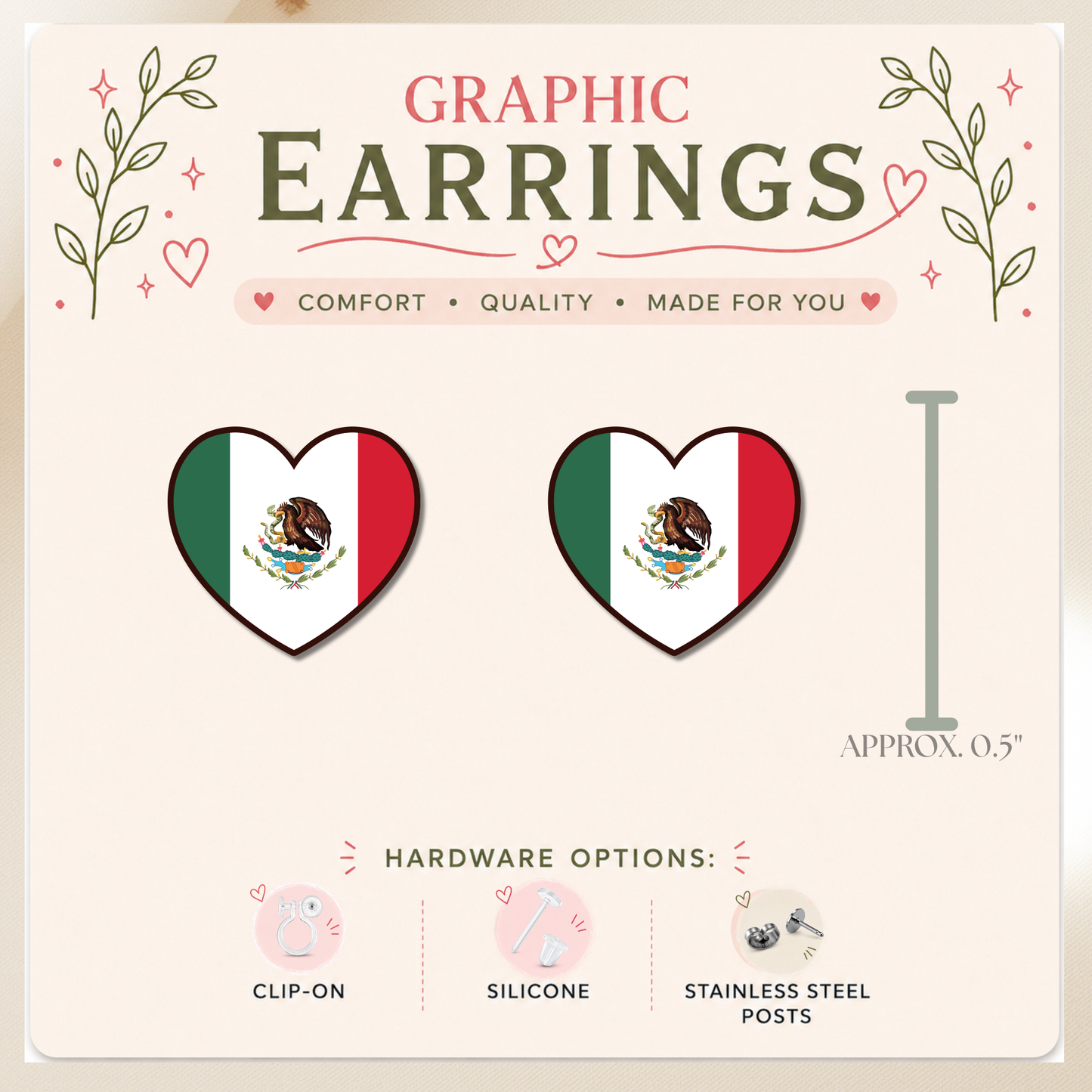Mexico Flag Heart Stud Earrings, Mexican Pride Earrings, Mexican Heritage Jewelry, Lightweight Resin Sealed Studs