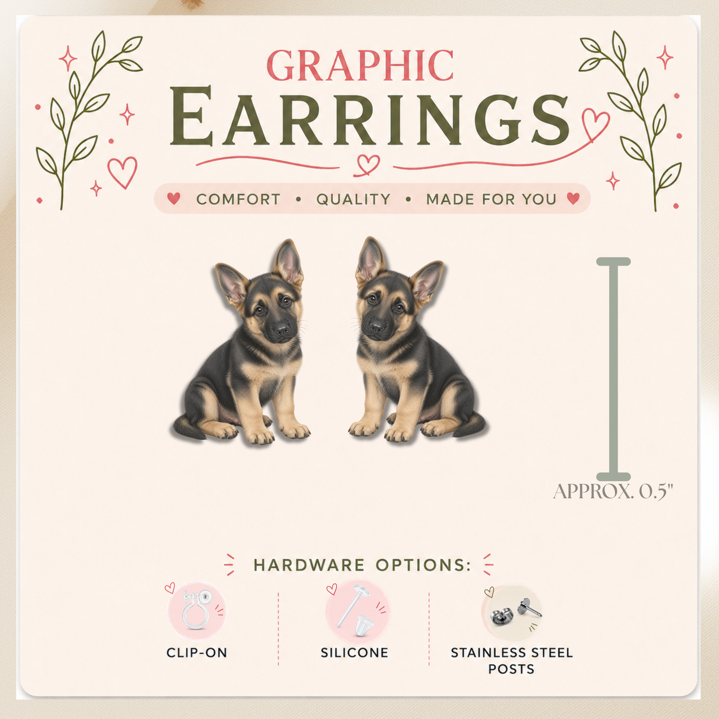 German Shepherd Puppy Stud Earrings, German Shepherd Dog Earrings, GSD Jewelry, Dog Lover Gift, Cute Graphic Stud Earrings