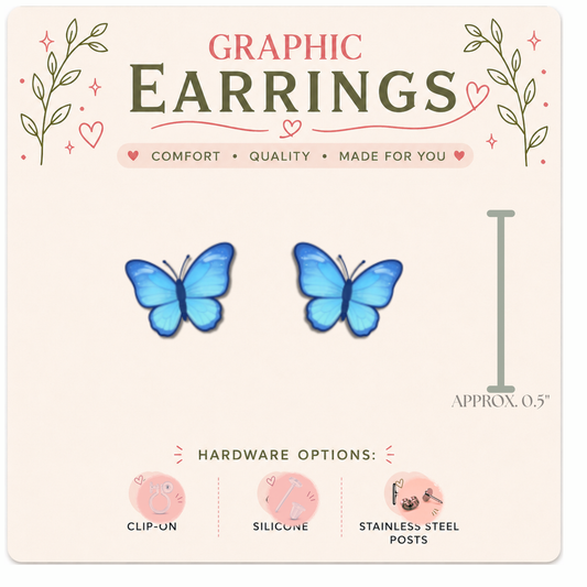 Blue Butterfly Stud Earrings, Butterfly Graphic Earrings, Blue Butterfly Jewelry, Nature Stud Earrings, Cottagecore Earrings, Lightweight Butterfly Studs
