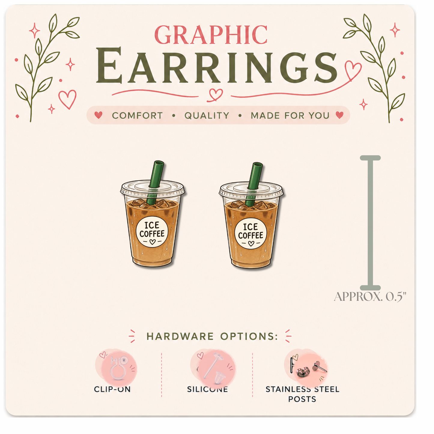 Iced Coffee Stud Earrings, Coffee Cup Earrings, Coffee Lover Gift, Cute Coffee Jewelry, Graphic Stud Earrings, Handmade Lightweight Earrings