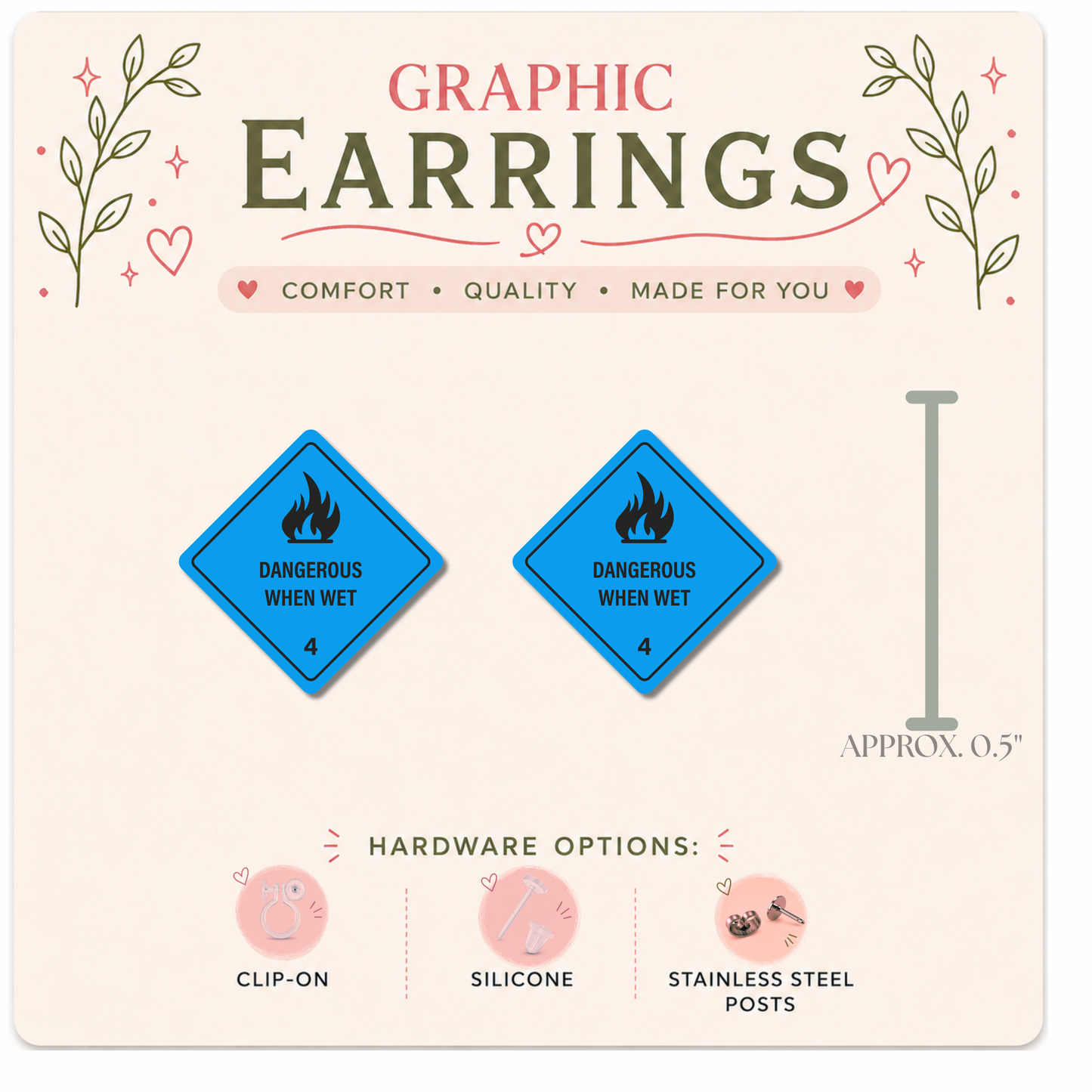 Dangerous When Wet Stud Earrings | Funny Hazard Sign Earrings | Graphic Statement Earrings | Stainless, Silicone or Clip-On