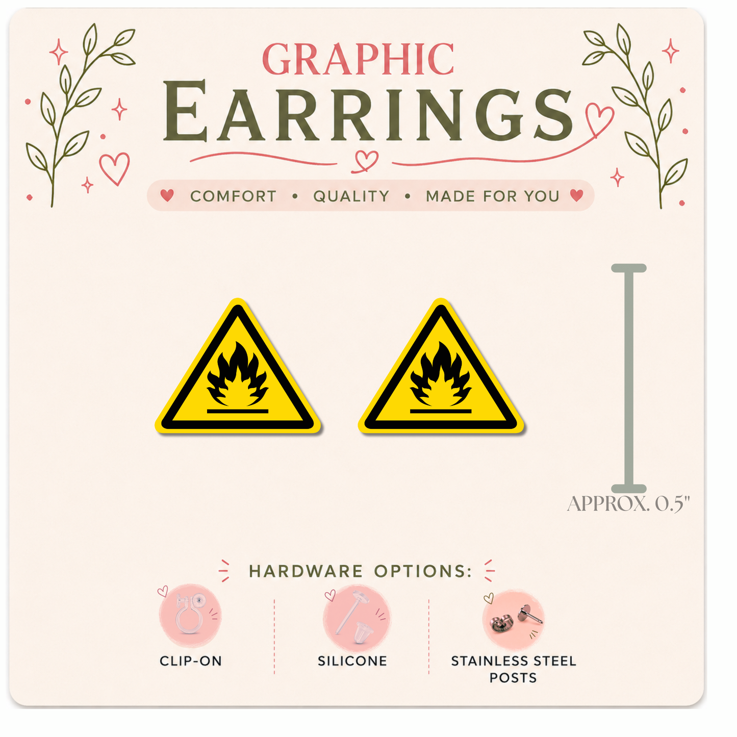 Flammable Warning Sign Stud Earrings, Hazard Graphic Studs, Resin Sealed Lightweight Jewelry