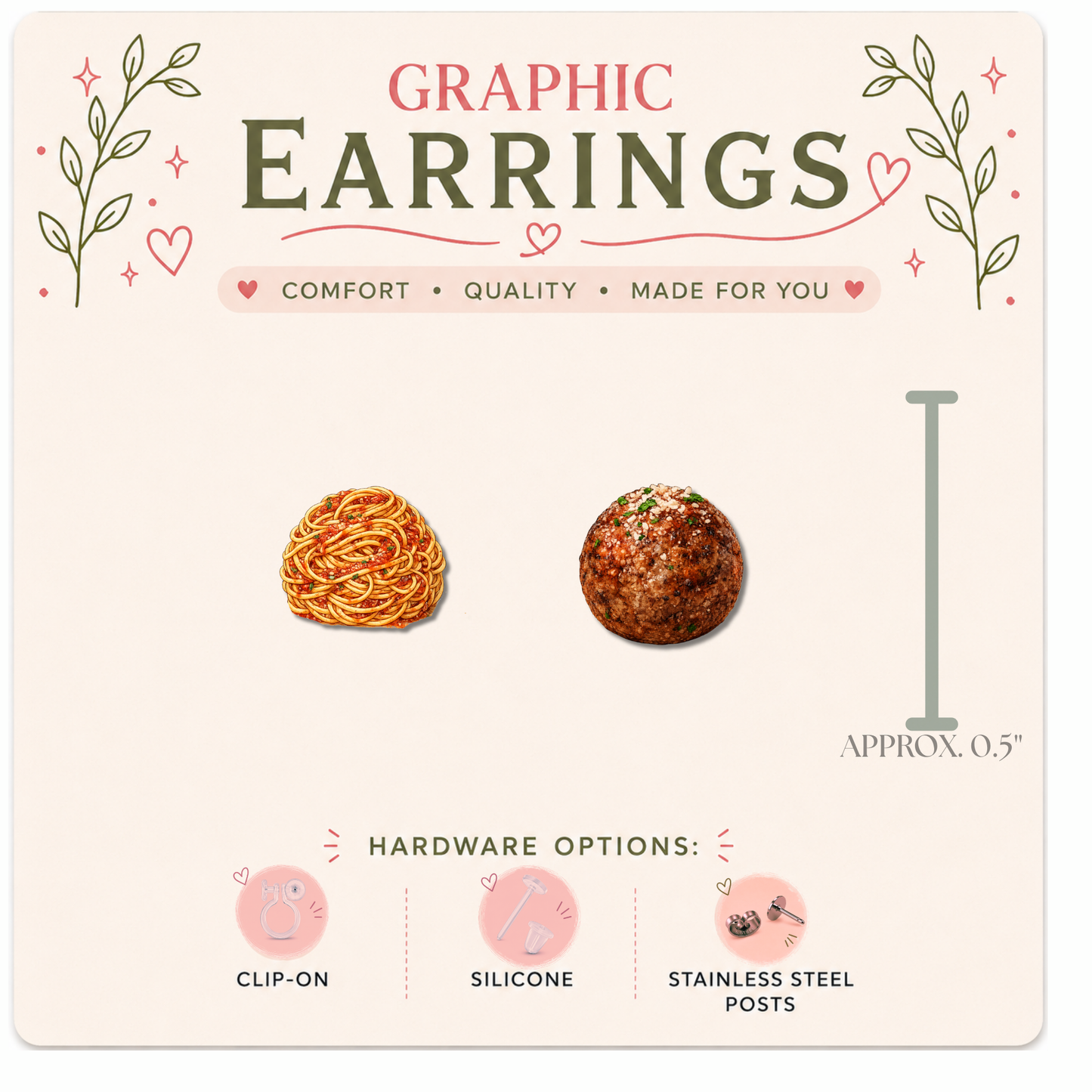 Funny Spaghetti & Meatball Stud Earrings | Food Lover Earrings | Cute Graphic Earrings | Stainless, Silicone or Clip-On