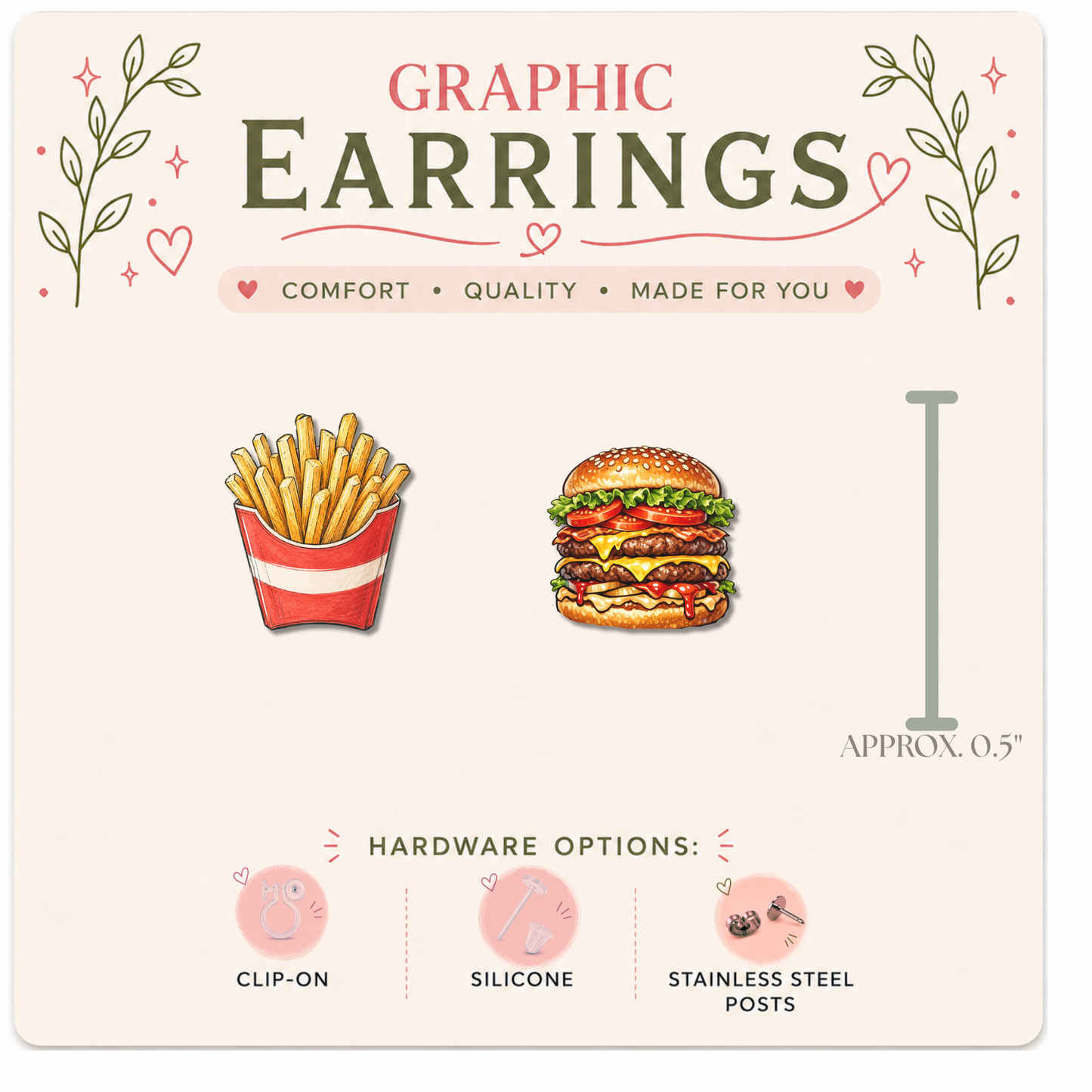 Burger & Fries Stud Earrings | Fast Food Graphic Earrings | Cute Food Earrings | Stainless Steel, Silicone or Clip-On