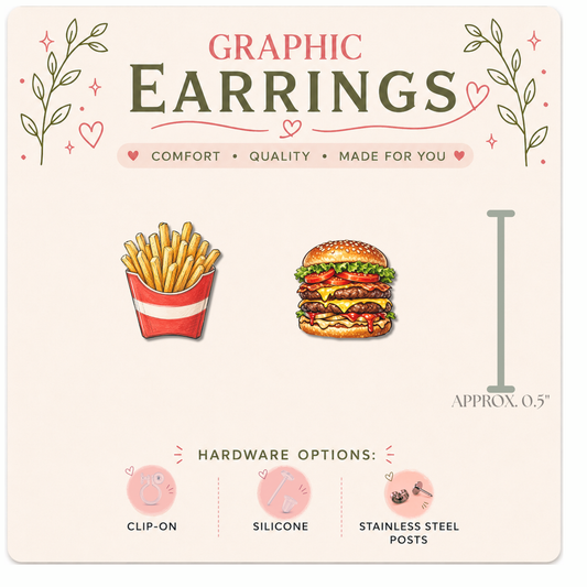 Burger & Fries Stud Earrings | Fast Food Graphic Earrings | Cute Food Earrings | Stainless Steel, Silicone or Clip-On