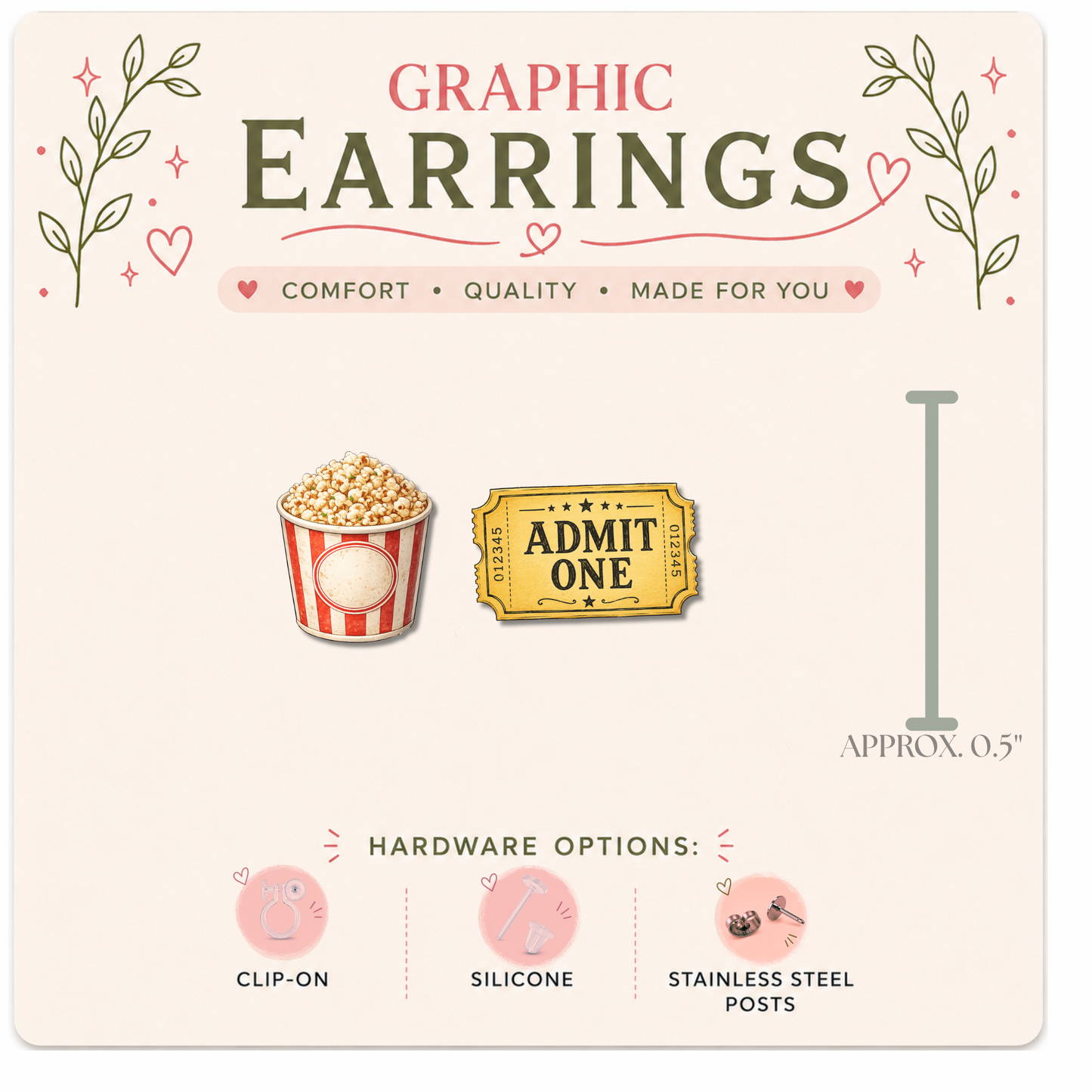 Movie Night Stud Earrings | Popcorn & Movie Ticket Graphic Earrings | Cute Cinema Earrings | Stainless, Silicone or Clip-On