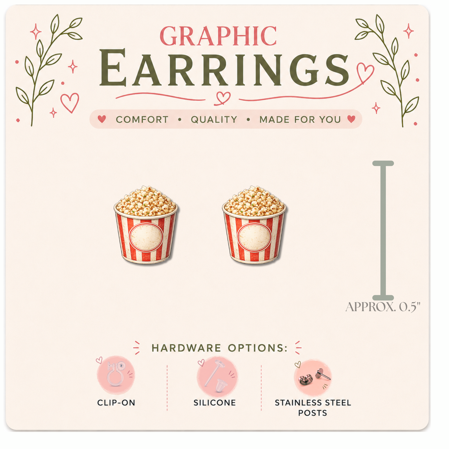 Movie Night Stud Earrings | Popcorn & Movie Ticket Graphic Earrings | Cute Cinema Earrings | Stainless, Silicone or Clip-On