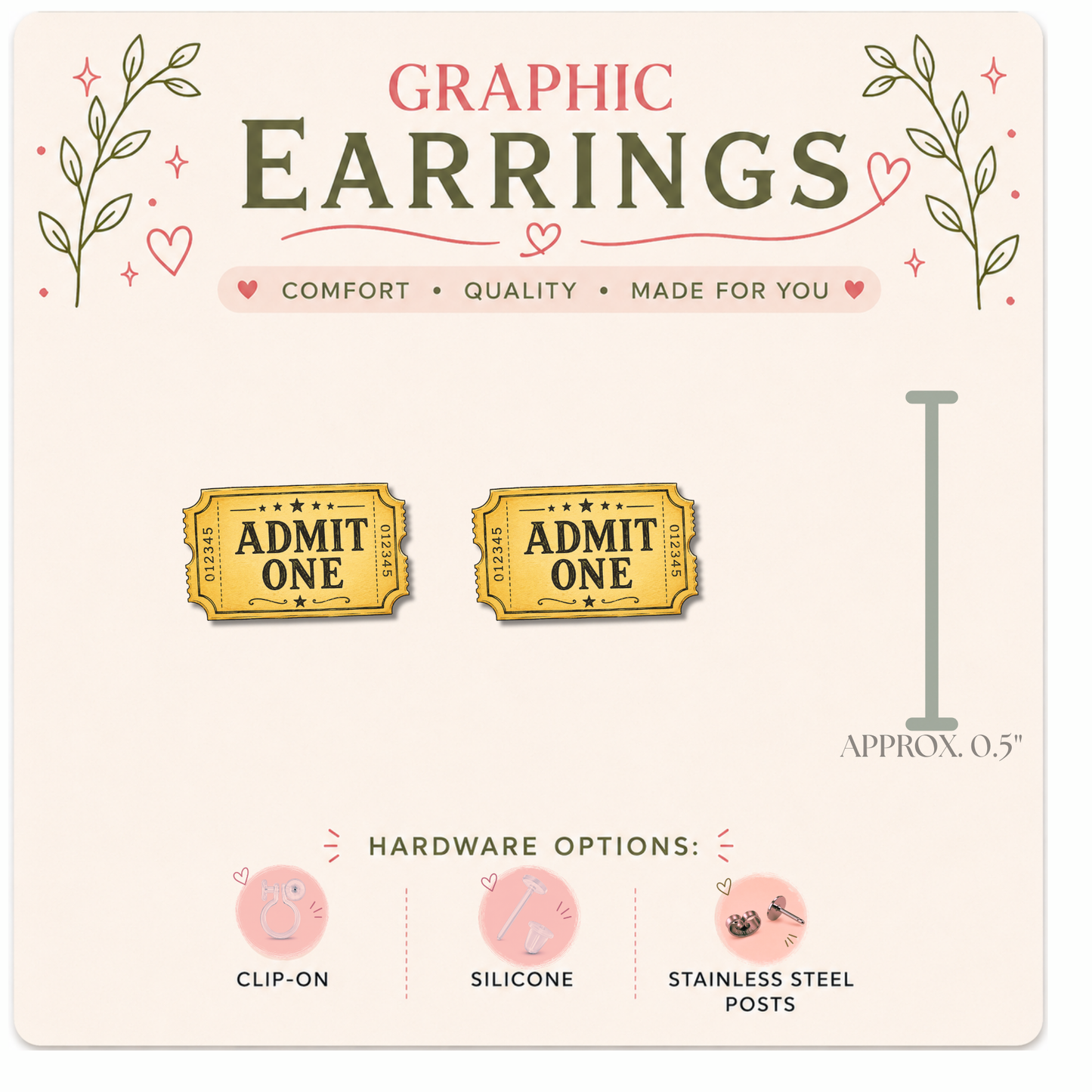 Movie Night Stud Earrings | Popcorn & Movie Ticket Graphic Earrings | Cute Cinema Earrings | Stainless, Silicone or Clip-On