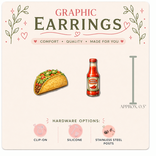 Taco & Hot Sauce Stud Earrings | Taco Tuesday Graphic Earrings | Cute Food Earrings | Stainless Steel, Silicone or Clip-On