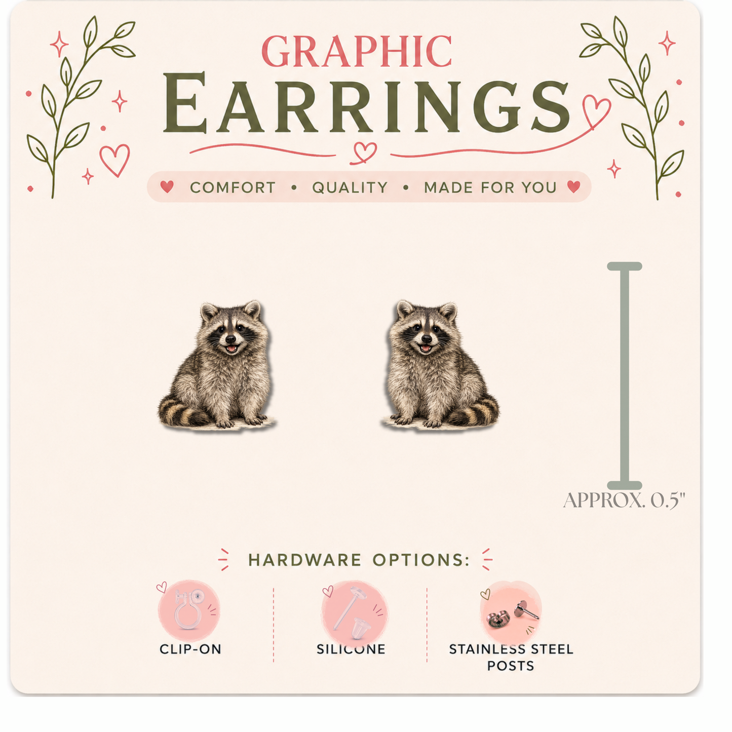 Raccoon & Trash Can Stud Earrings | Funny Raccoon Graphic Earrings | Cute Animal Earrings | Stainless, Silicone or Clip-On