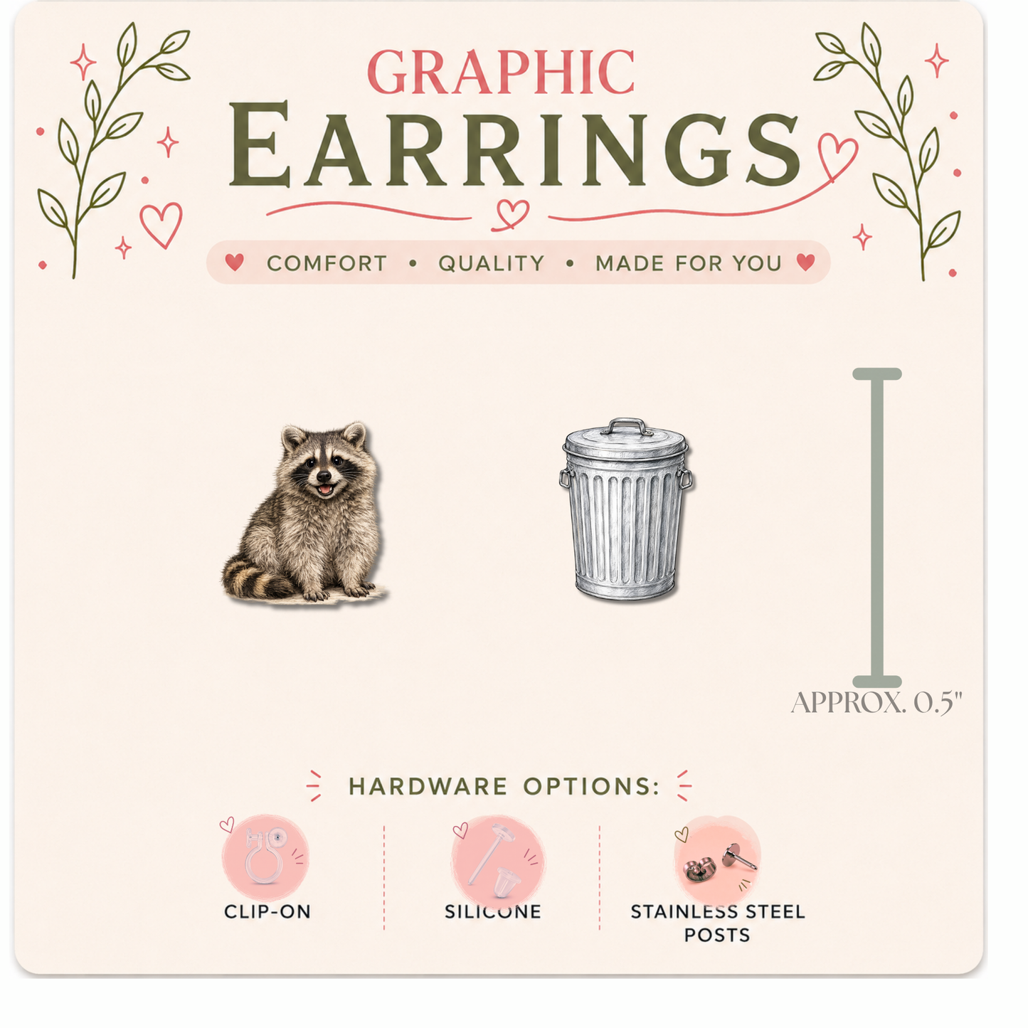 Raccoon & Trash Can Stud Earrings | Funny Raccoon Graphic Earrings | Cute Animal Earrings | Stainless, Silicone or Clip-On