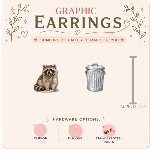 Raccoon & Trash Can Stud Earrings | Funny Raccoon Graphic Earrings | Cute Animal Earrings | Stainless, Silicone or Clip-On