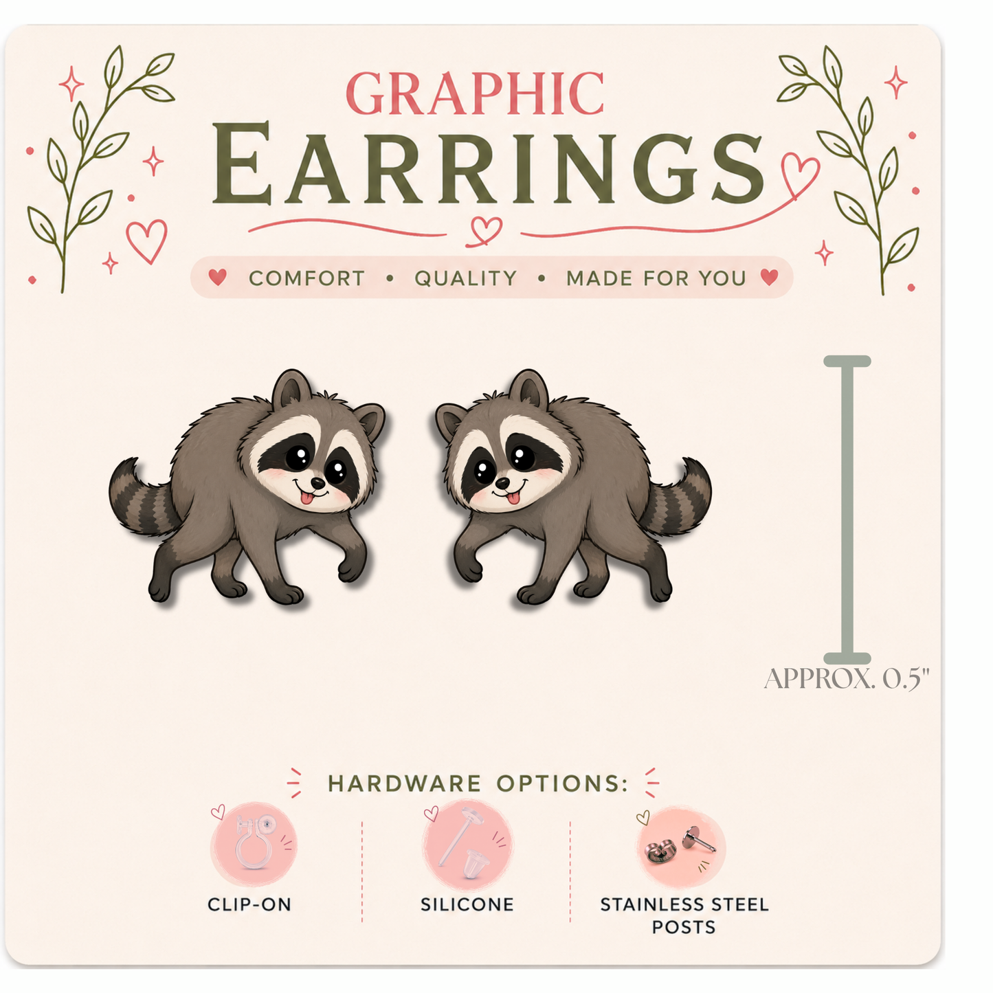 Graphic Jimothy Raccoon Stud Earrings | Viral Trash Panda Jewelry (0.5")