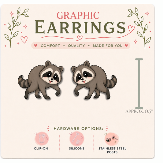 Graphic Jimothy Raccoon Stud Earrings | Viral Trash Panda Jewelry (0.5")