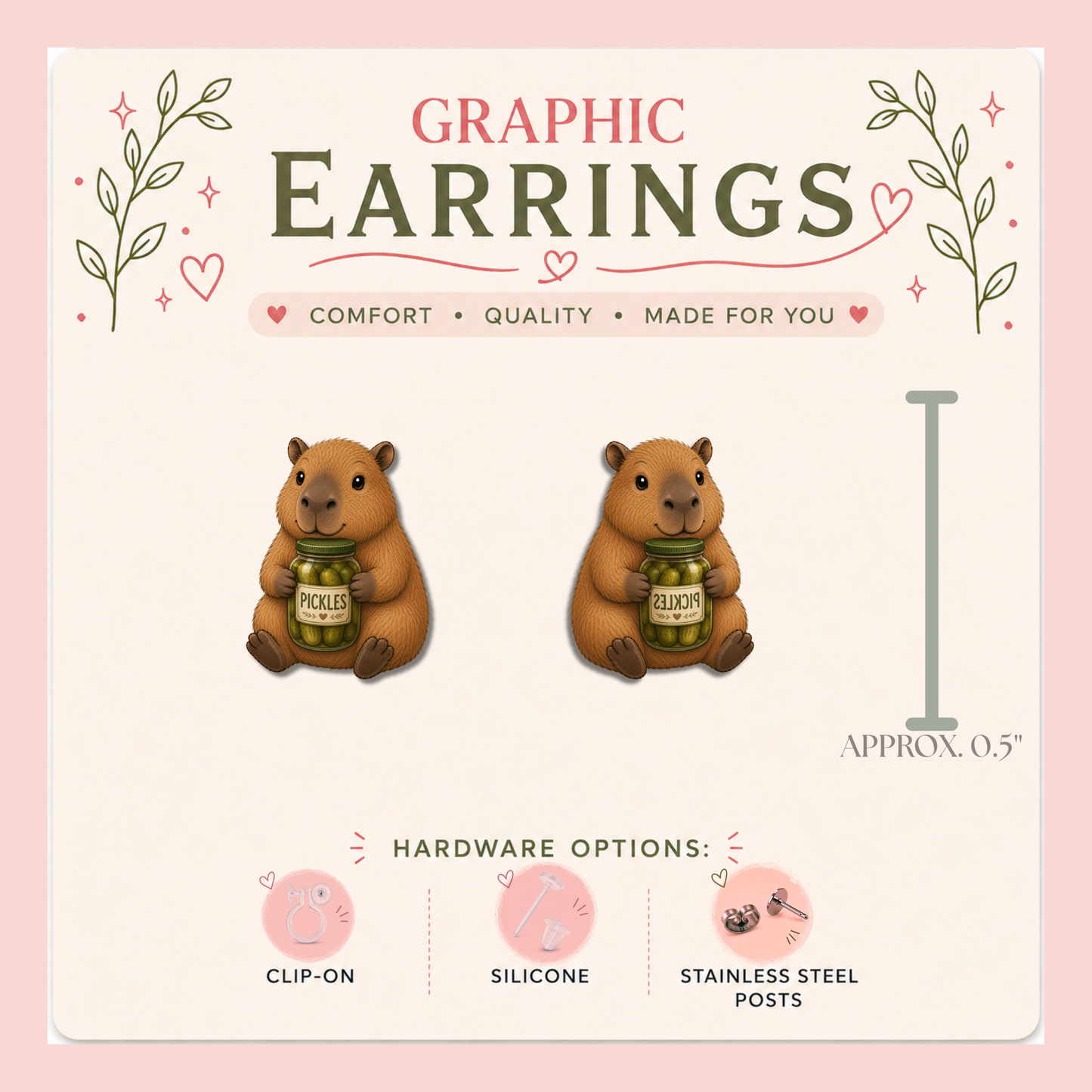 Capybara Pickle Stud Earrings, Funny Capybara Earrings, Pickle Lover Gift, Cute Animal Earrings, Kawaii Capybara Jewelry
