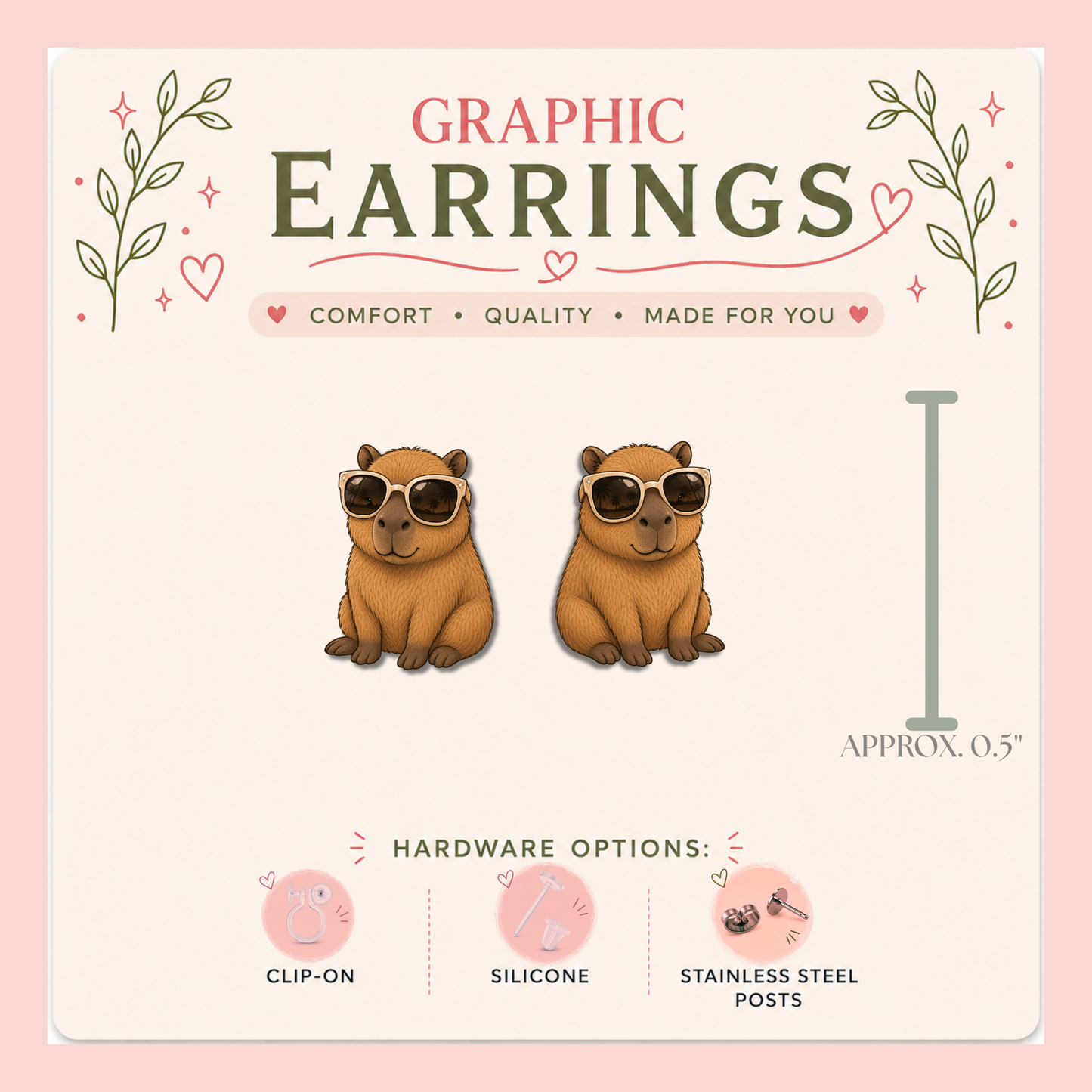 Cool Capybara Stud Earrings, Capybara with Sunglasses Earrings, Funny Animal Earrings, Cute Capybara Gift, Kawaii Stud Earrings