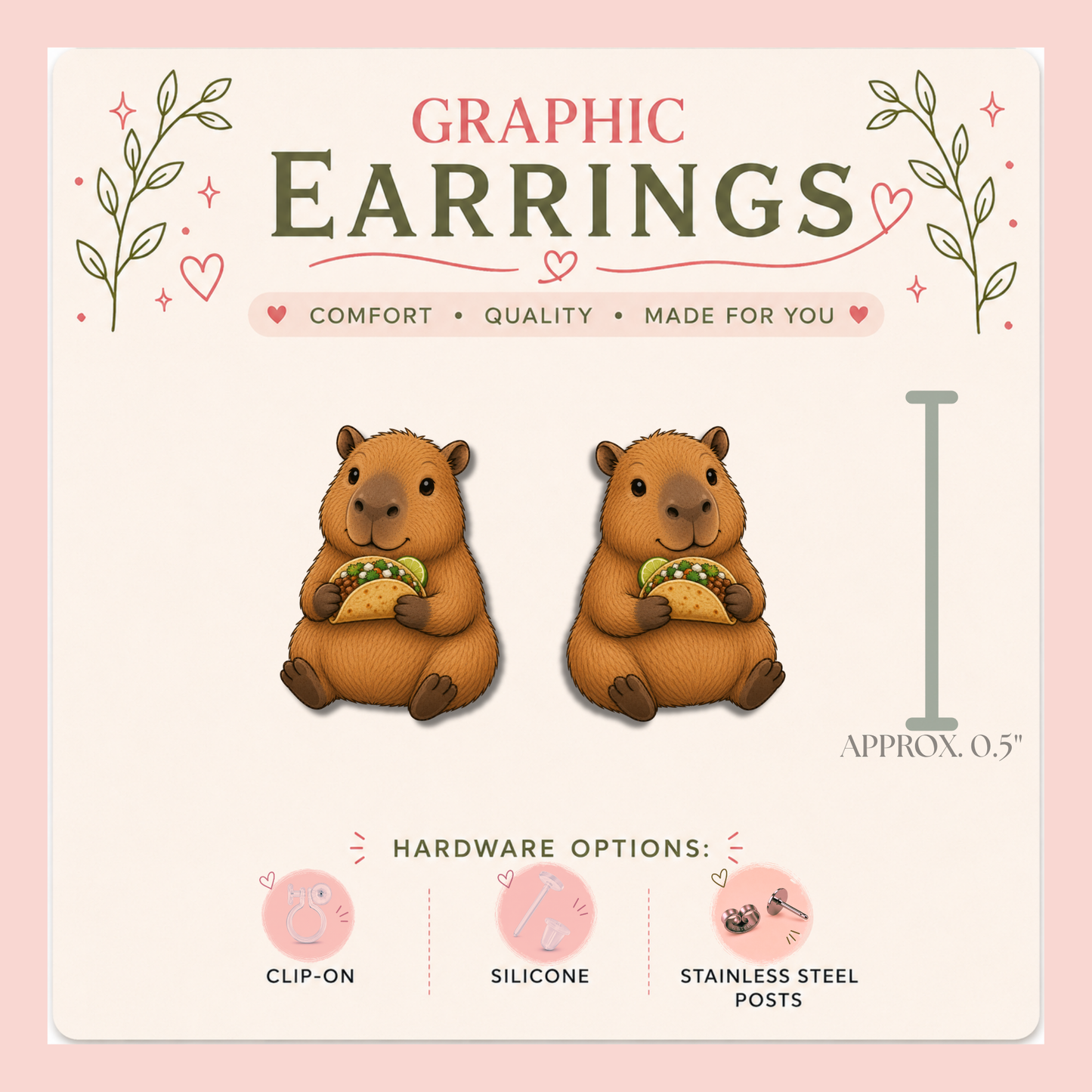 Capybara Taco Stud Earrings, Cute Capybara Earrings, Funny Taco Lover Gift, Kawaii Animal Earrings, Foodie Stud Earrings
