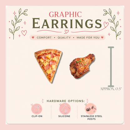 Pizza and Chicken Wing Stud Earrings, Funny Food Earrings, Pizza Lover Gift, Chicken Wing Earrings, Mismatched Food Stud Earrings