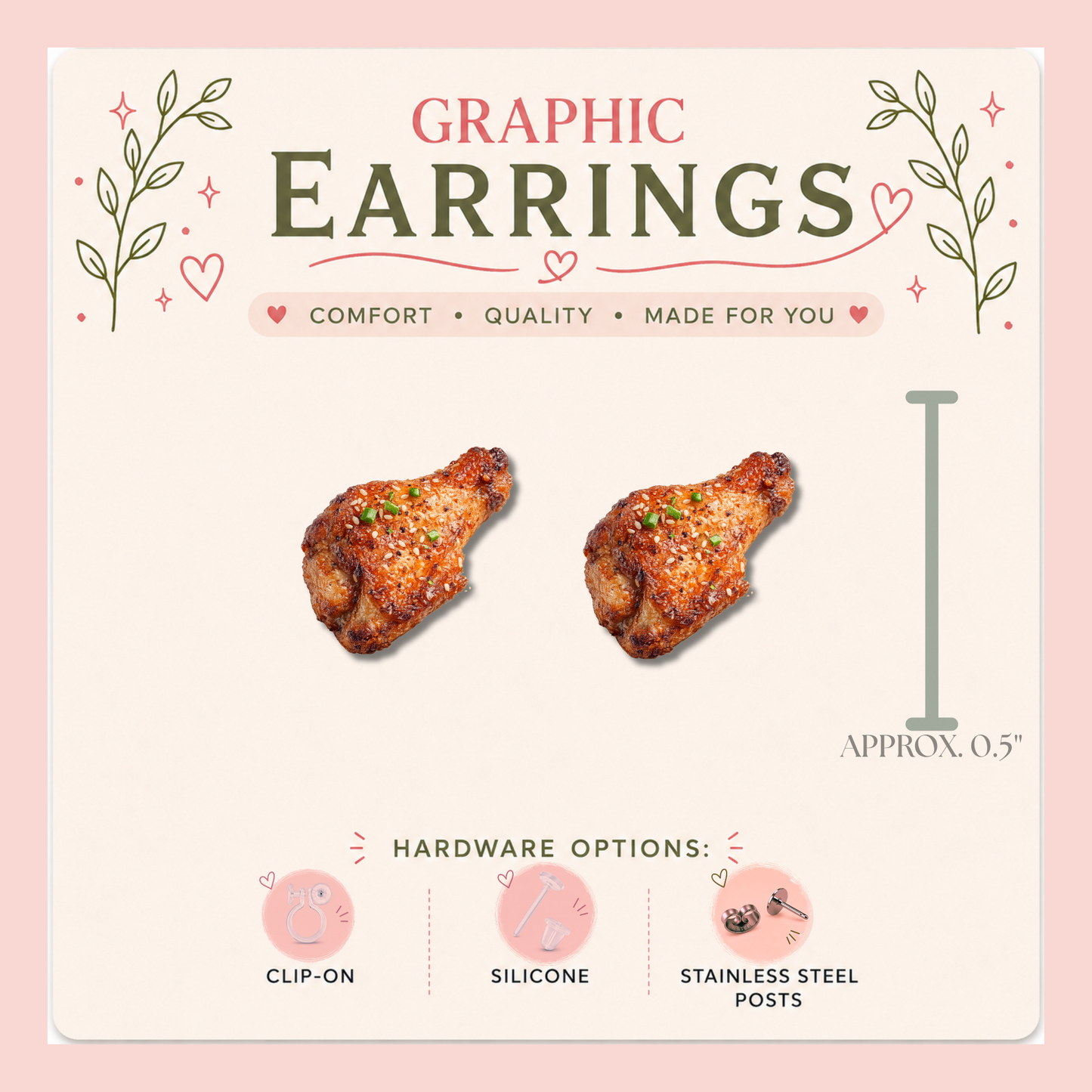 Pizza and Chicken Wing Stud Earrings, Funny Food Earrings, Pizza Lover Gift, Chicken Wing Earrings, Mismatched Food Stud Earrings