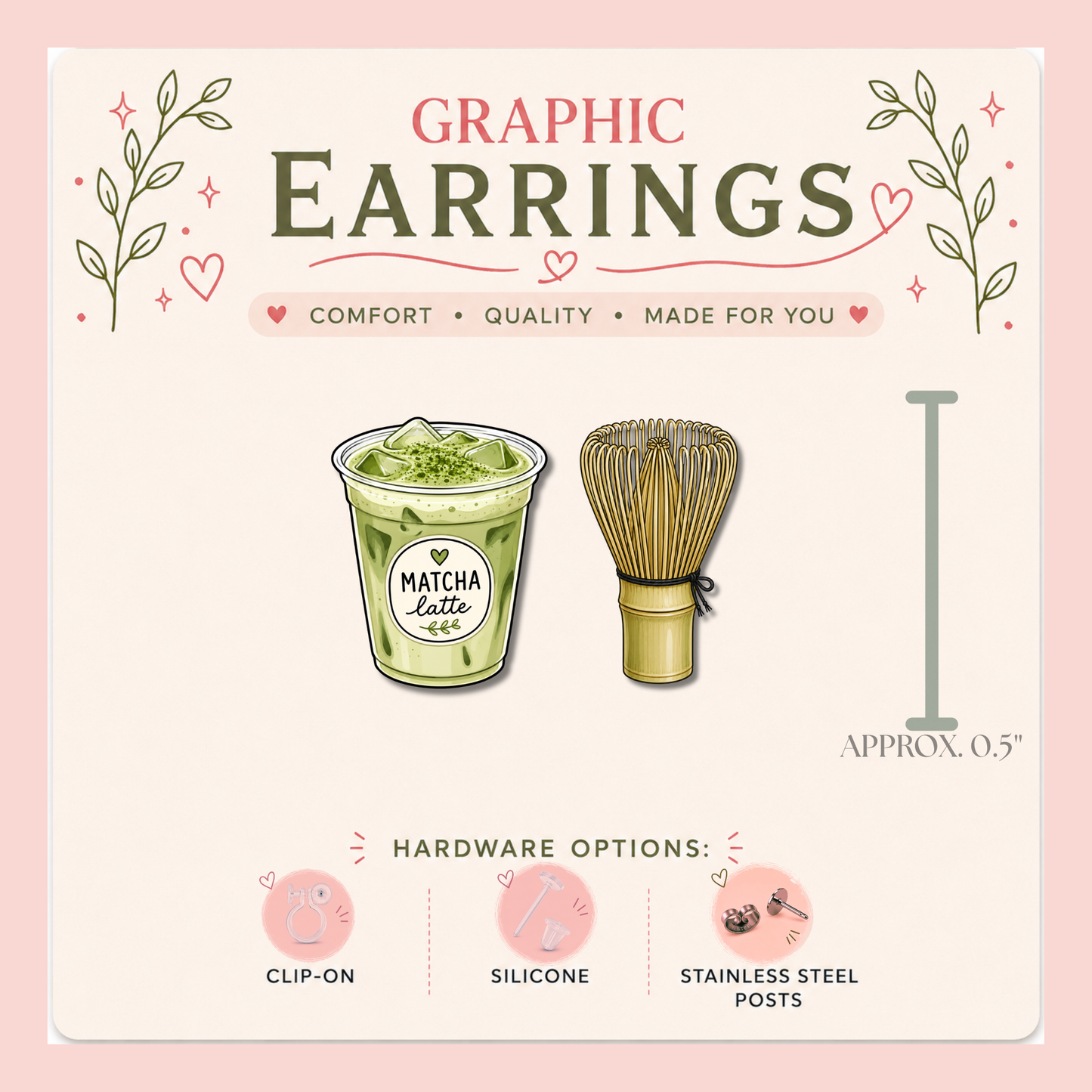 Matcha Latte & Bamboo Whisk Graphic Stud Earrings | Matcha Lover Earrings | Kawaii Food Earrings | Tea Lover Gift | Stainless Steel, Silicone or Clip-On