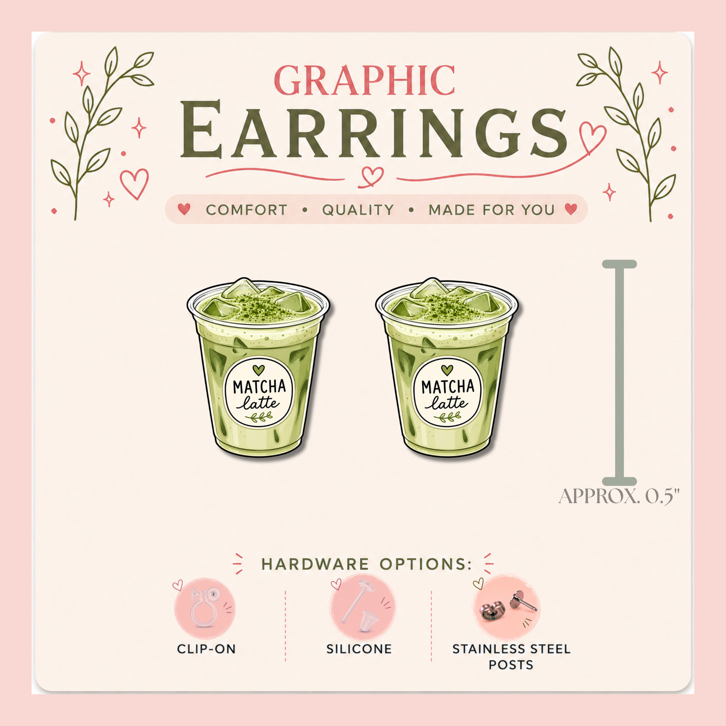 Matcha Latte & Bamboo Whisk Graphic Stud Earrings | Matcha Lover Earrings | Kawaii Food Earrings | Tea Lover Gift | Stainless Steel, Silicone or Clip-On