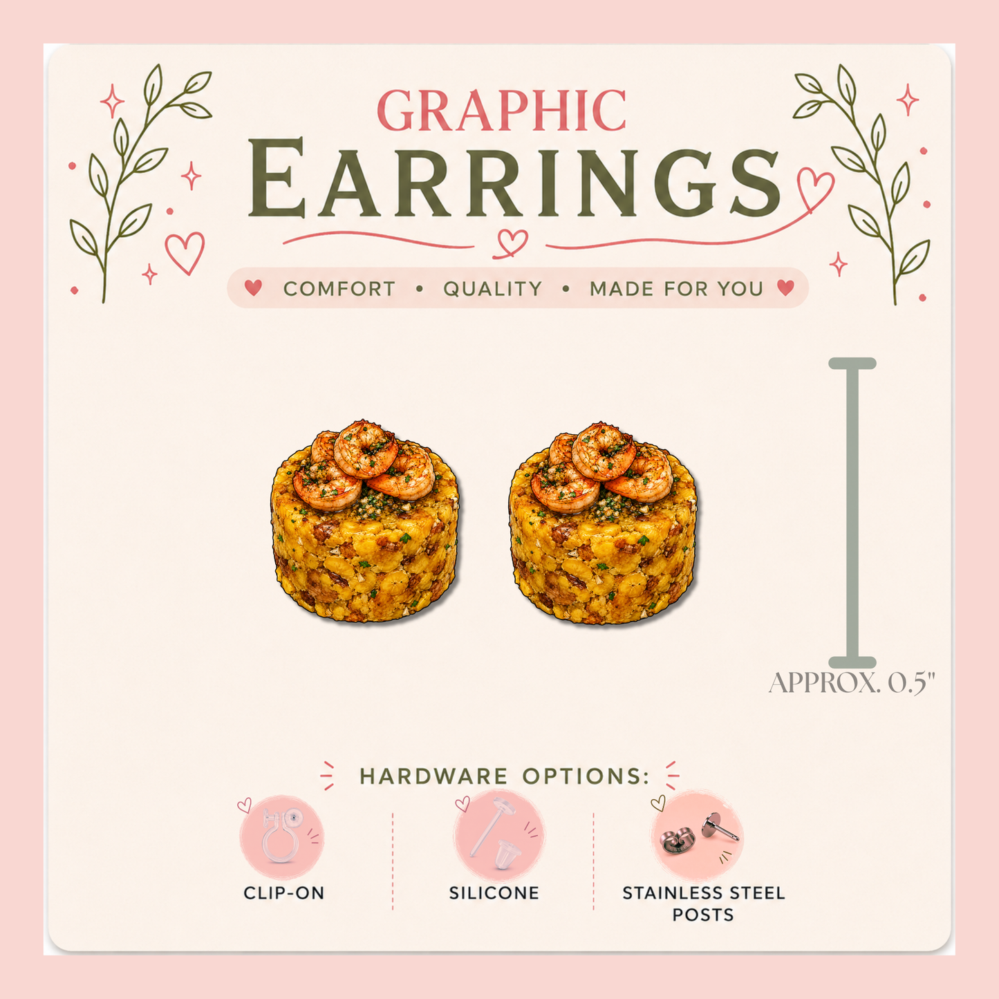 Shrimp Mofongo Graphic Stud Earrings | Puerto Rican Mofongo Earrings | Boricua Food Jewelry | Handmade Puerto Rico Earrings