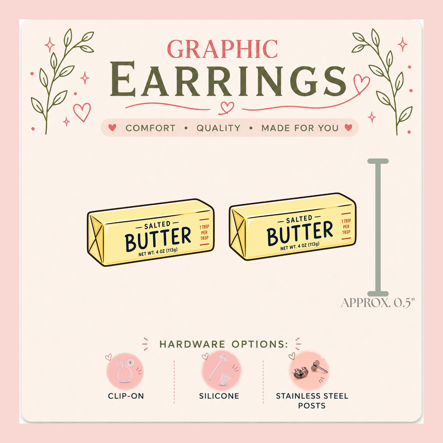 Butter Stick Graphic Stud Earrings | Butter Lover Earrings | Foodie Earrings | Cute Kitchen Gift | Stainless Steel, Silicone or Clip-On