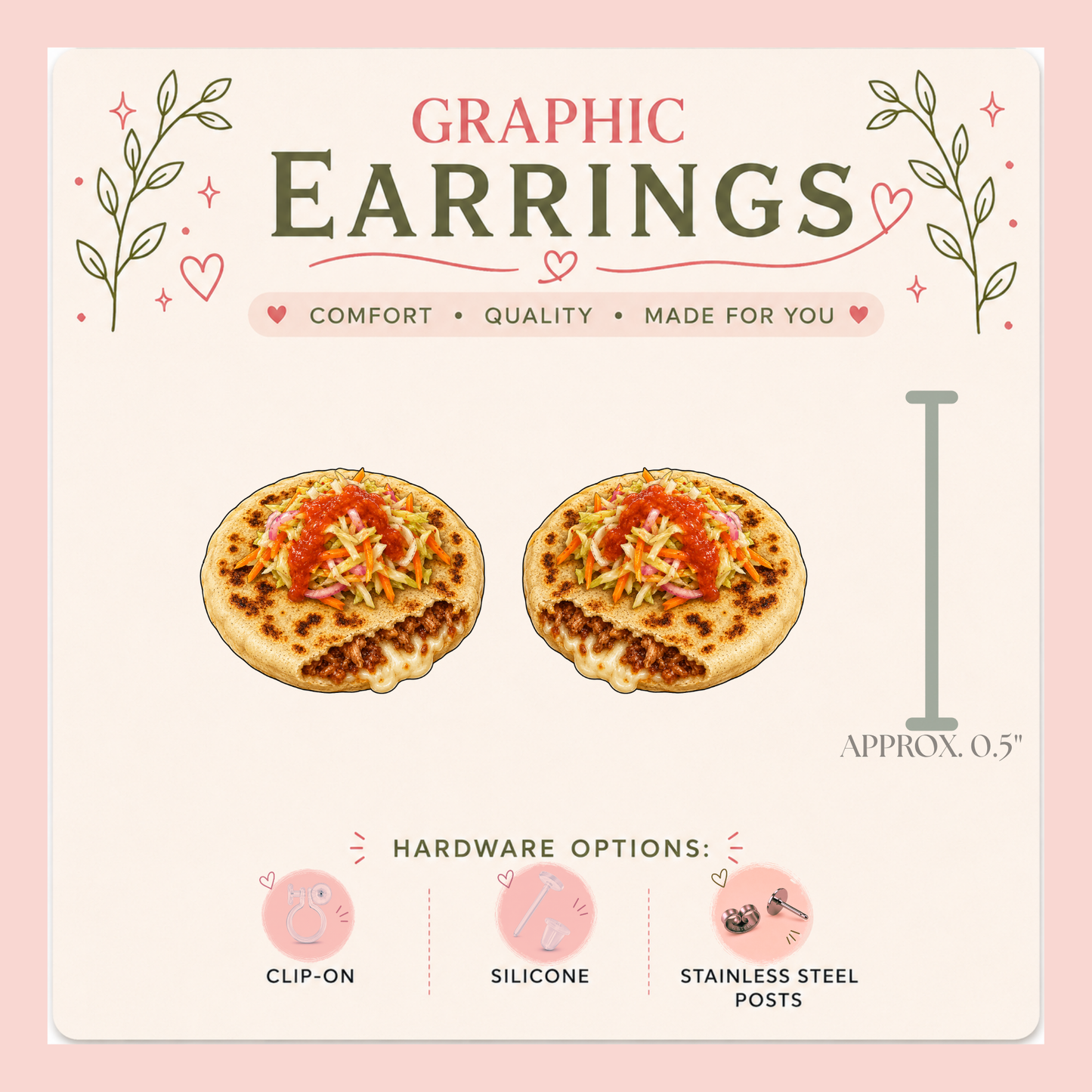 Pupusa Graphic Stud Earrings | Salvadoran Food Earrings | Latin Food Jewelry | Cute Foodie Earrings | Stainless Steel, Silicone or Clip-On