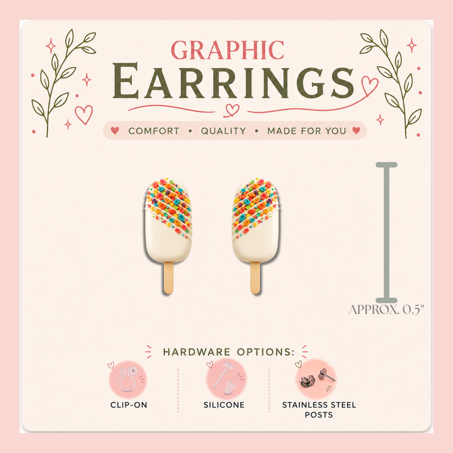 Cakesicle Collection Cake Pop Graphic Stud Earrings | Dessert Earrings | Bakery Lover Gift | Sweet Treat Jewelry | Stainless Steel, Silicone or Clip-On