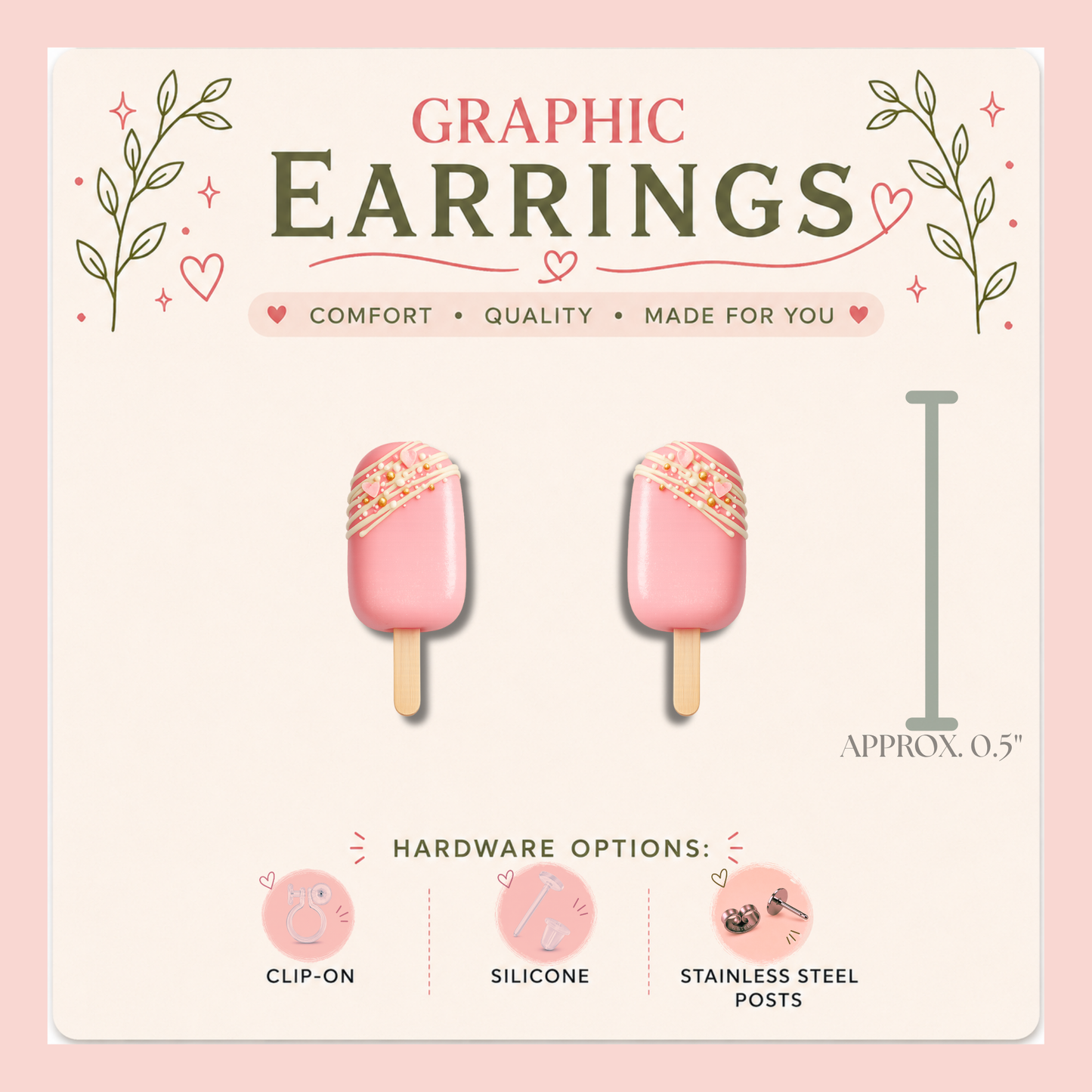 Cakesicle Collection Cake Pop Graphic Stud Earrings | Dessert Earrings | Bakery Lover Gift | Sweet Treat Jewelry | Stainless Steel, Silicone or Clip-On