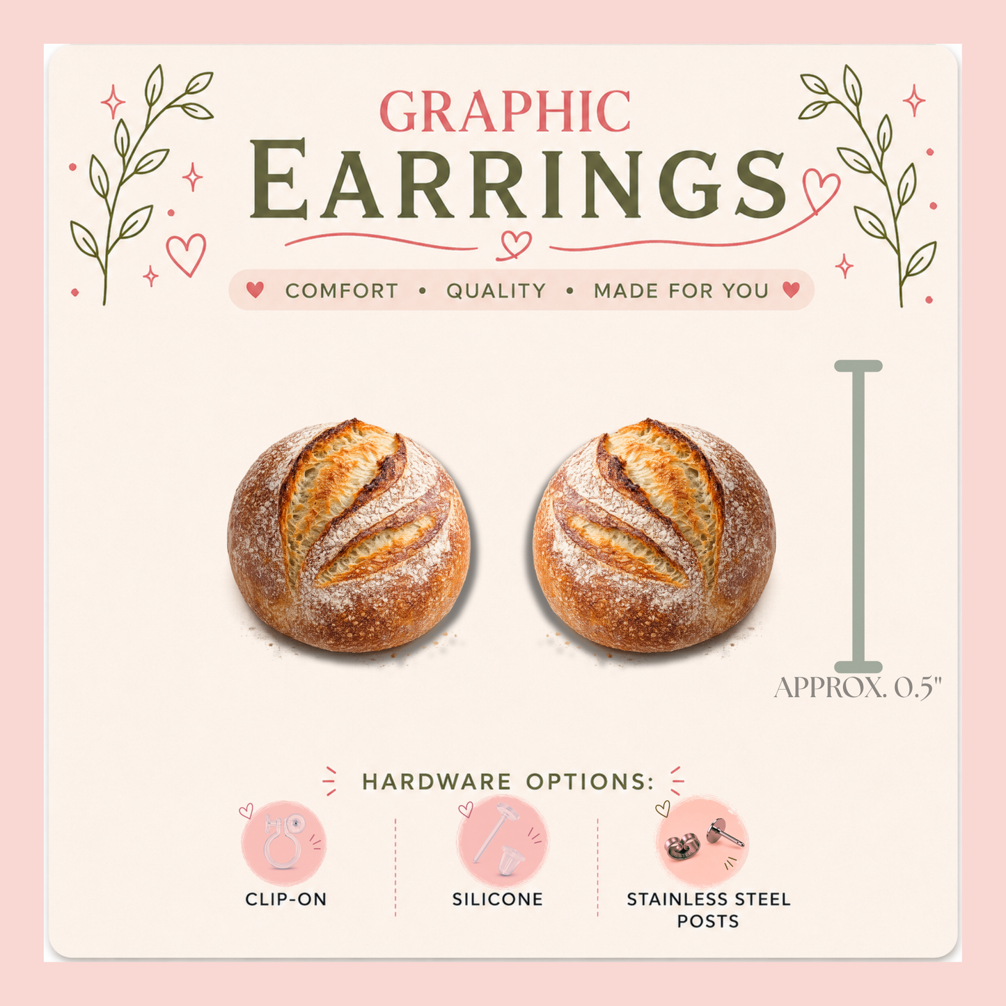 Sourdough Bread Graphic Stud Earrings | Artisan Bread Earrings | Baker Gift | Bread Lover Jewelry | Handmade Food Earrings