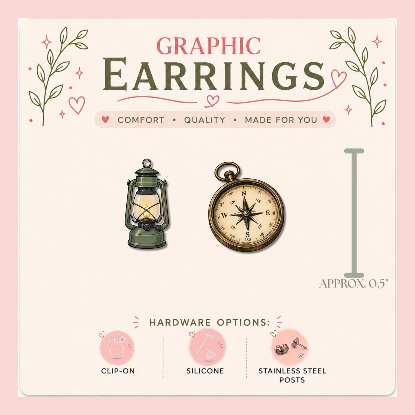 Camping Lantern & Compass Graphic Stud Earrings | Camping Earrings | RV Life Jewelry | Hiking Gift | Outdoor Adventure Earrings