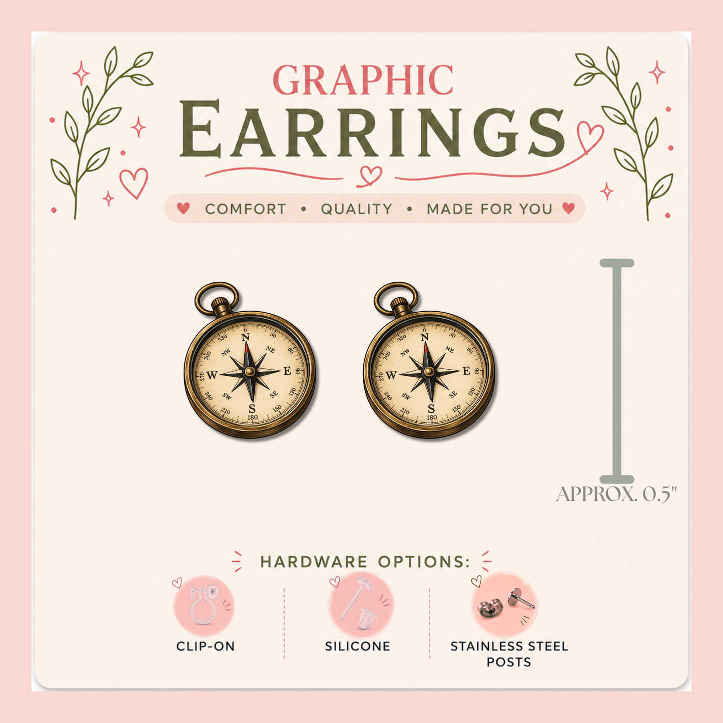 Camping Lantern & Compass Graphic Stud Earrings | Camping Earrings | RV Life Jewelry | Hiking Gift | Outdoor Adventure Earrings