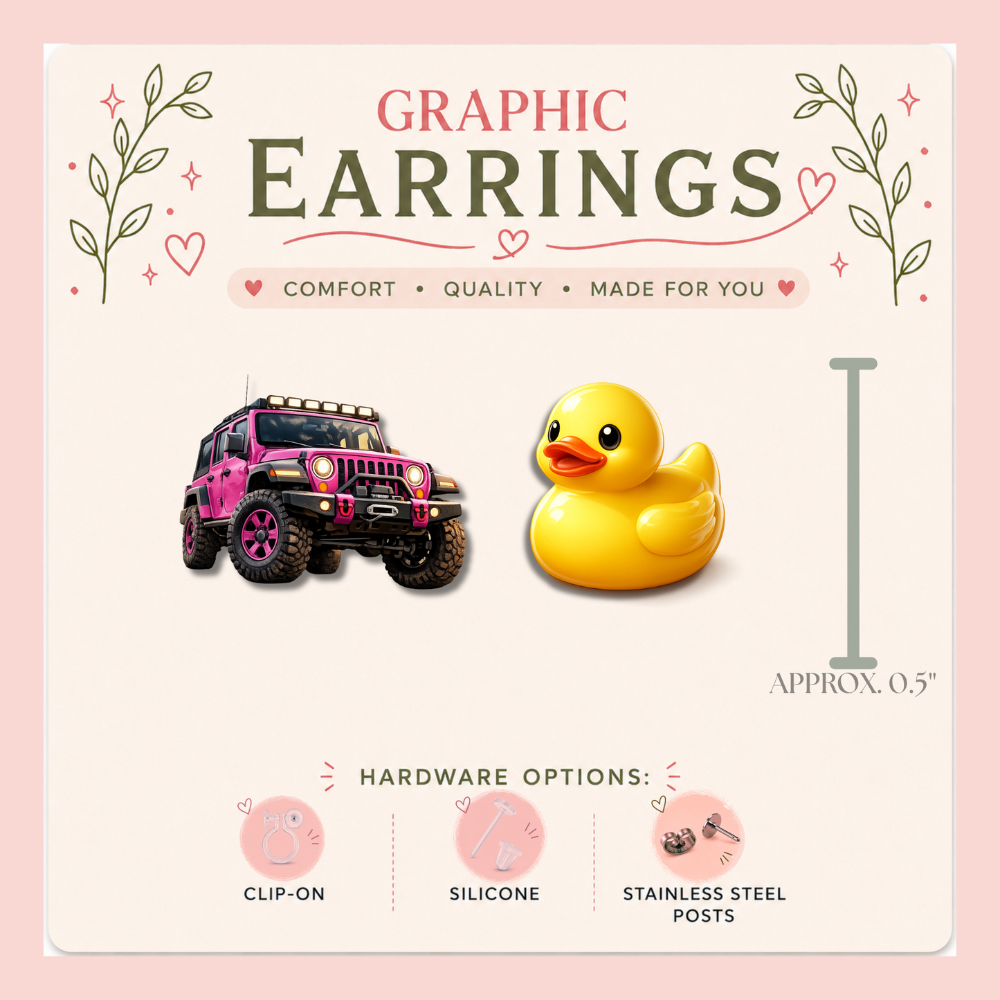 Pink Jeep & Rubber Duck Stud Earrings, Jeep Lover Resin Sealed Lightweight Jewelry