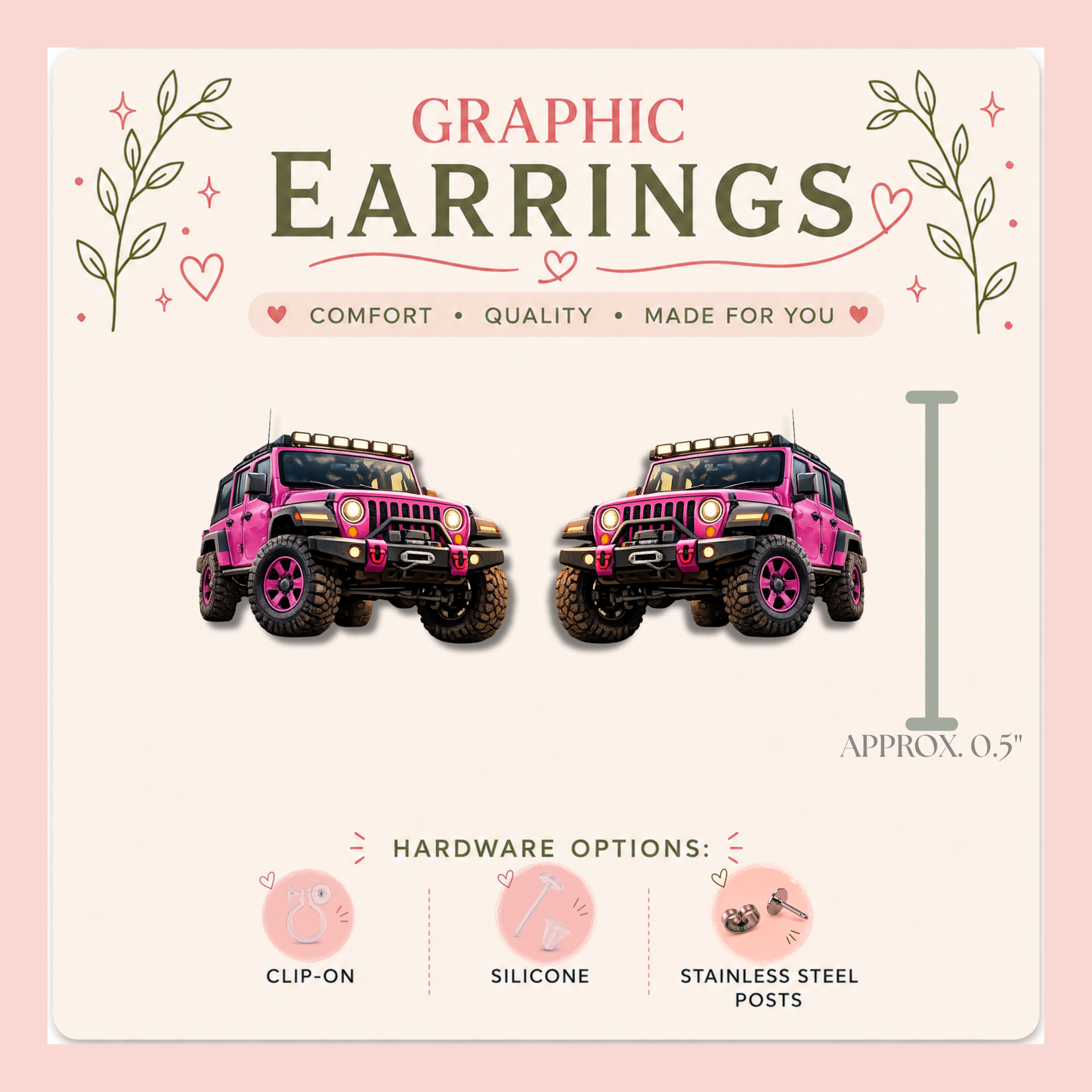 Pink Jeep & Rubber Duck Stud Earrings, Jeep Lover Resin Sealed Lightweight Jewelry