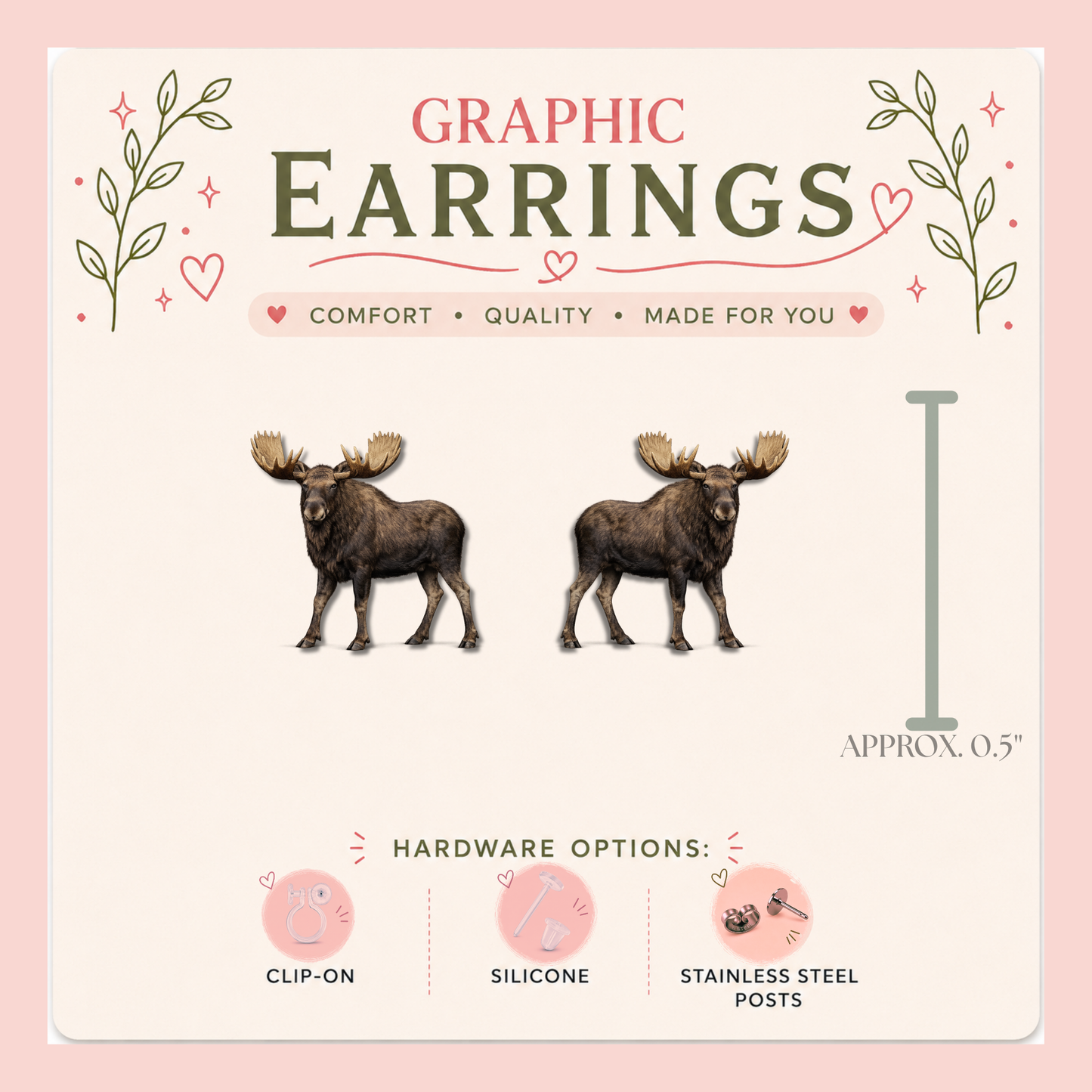 Moose Graphic Stud Earrings | Moose Earrings | Woodland Animal Jewelry | Cabin Decor Gift | Handmade Nature Earrings