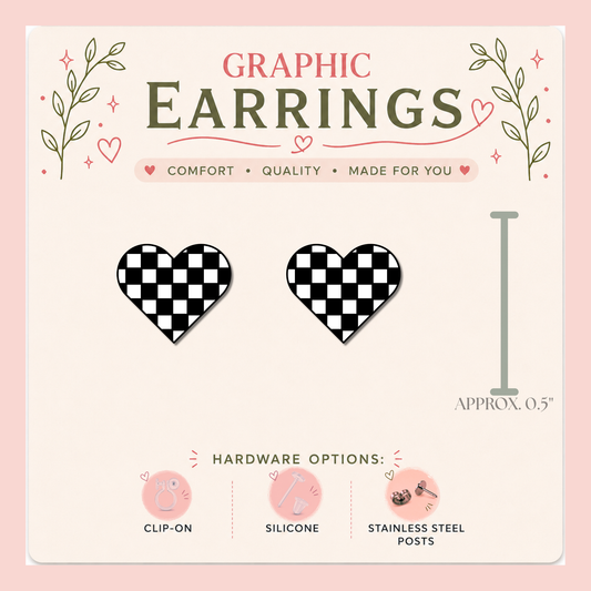 Checkerboard Heart Stud Earrings, Black and White Heart Earrings, Retro Graphic Stud Earrings, Indie Aesthetic Jewelry, Lightweight Heart Studs