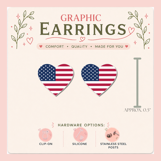 American Flag Heart Stud Earrings, USA Heart Earrings, Patriotic Heart Studs, Fourth of July Earrings, USA Flag Jewelry, Graphic Stud Earrings