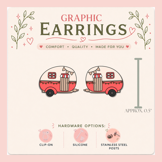 Vintage Camper Stud Earrings, Retro Camper Earrings, Happy Camper Jewelry, RV Earrings, Camping Trailer Studs, Travel Lover Gift, Graphic Earrings