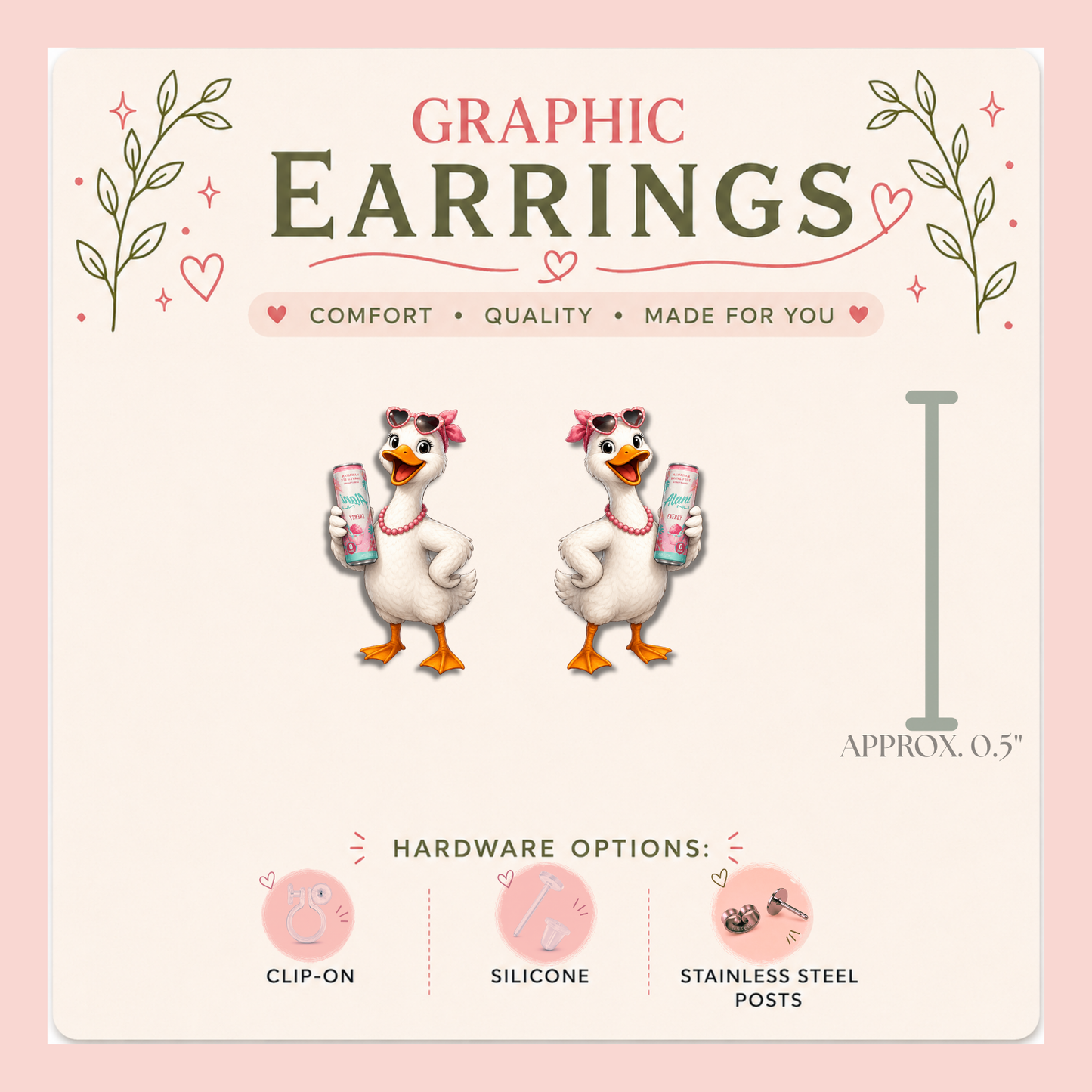 Energy Drink Goose Stud Earrings, Funny Goose Earrings, Caffeinated Goose Jewelry, Cute Animal Earrings, Graphic Stud Earrings, Goose Lover Gift
