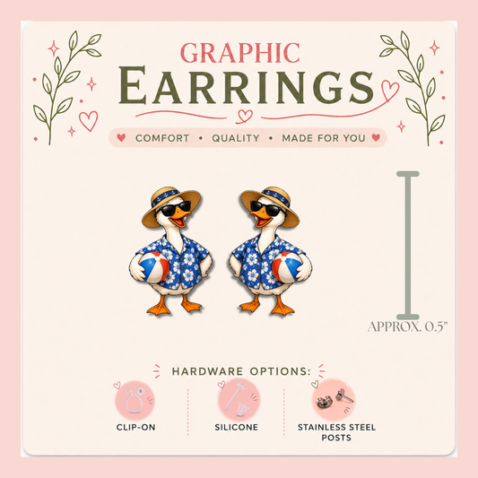 Beach Goose Stud Earrings, Summer Goose Earrings, Tropical Goose Jewelry, Vacation Goose Studs, Cute Animal Earrings, Handmade Graphic Earrings