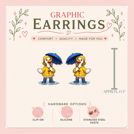 Goose in Raincoat Stud Earrings, Cute Goose Earrings, Cottagecore Goose Jewelry, Rainy Day Animal Studs, Whimsical Graphic Earrings