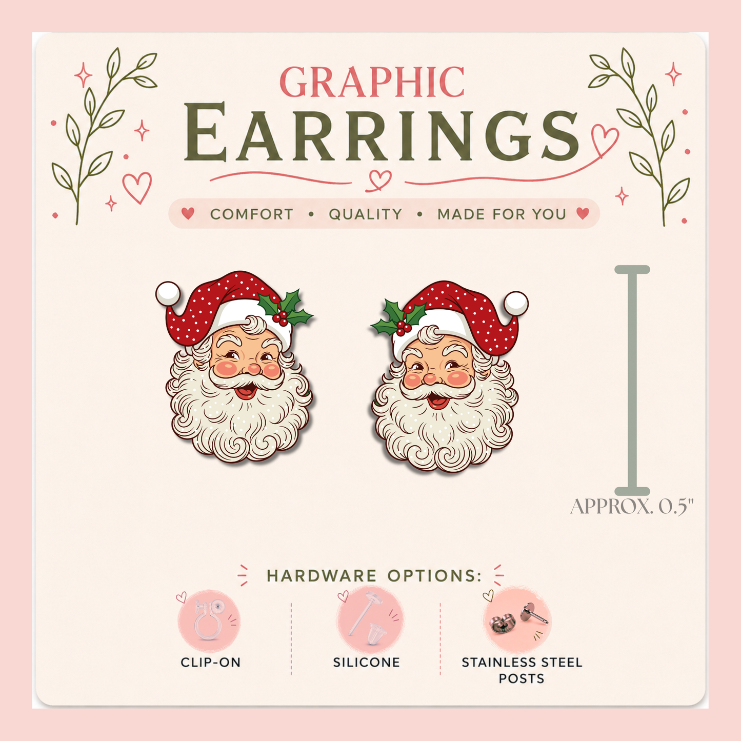 Vintage Santa Graphic Stud Earrings | Retro Santa Claus Earrings | Christmas Stud Earrings | Handmade Holiday Jewelry