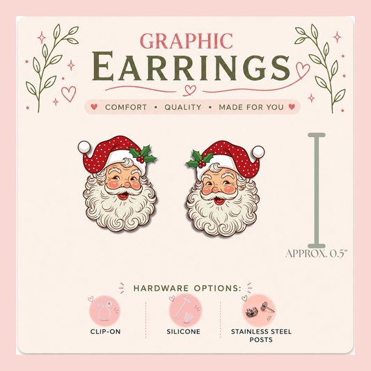 Vintage Santa Graphic Stud Earrings | Retro Santa Claus Earrings | Christmas Stud Earrings | Handmade Holiday Jewelry