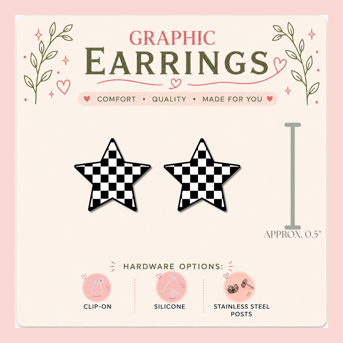 Checkered Star Graphic Stud Earrings | Checkerboard Star Earrings | Retro Y2K Star Studs | Handmade Aesthetic Jewelry