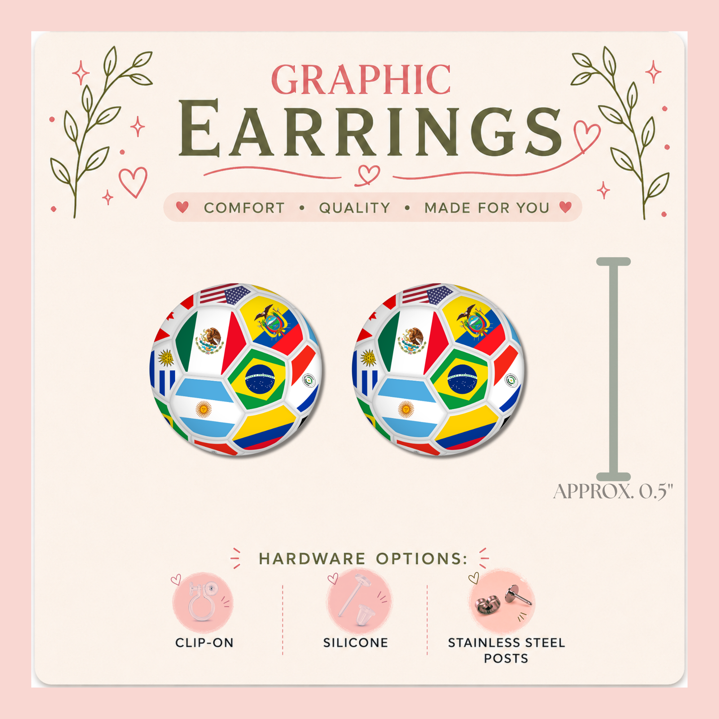 Soccer Ball Flags Graphic Stud Earrings | International Soccer Earrings | World Football Fan Jewelry | Handmade Sports Earrings