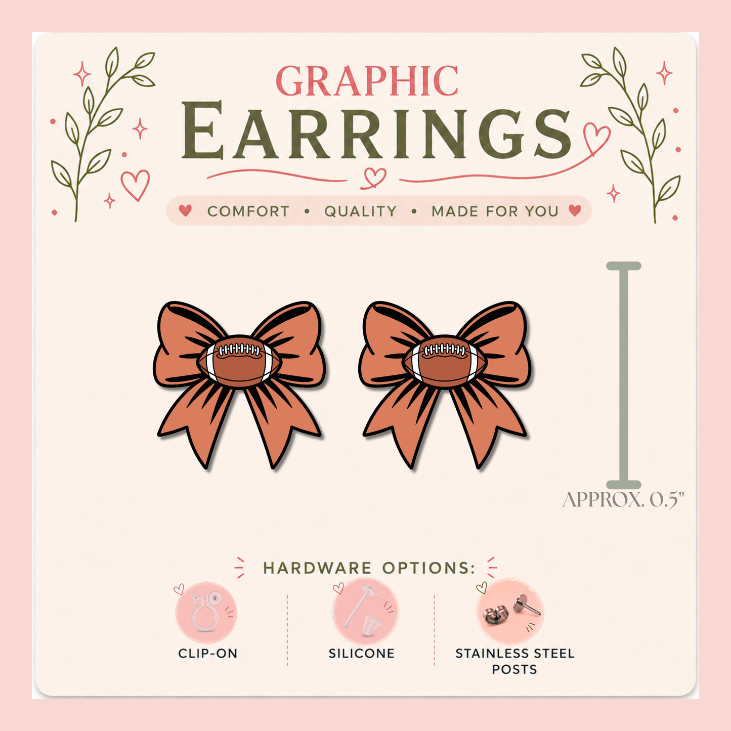 Football Bow Graphic Stud Earrings | Football Bow Earrings | Game Day Bow Studs | Football Fan Jewelry | Handmade Sports Earrings