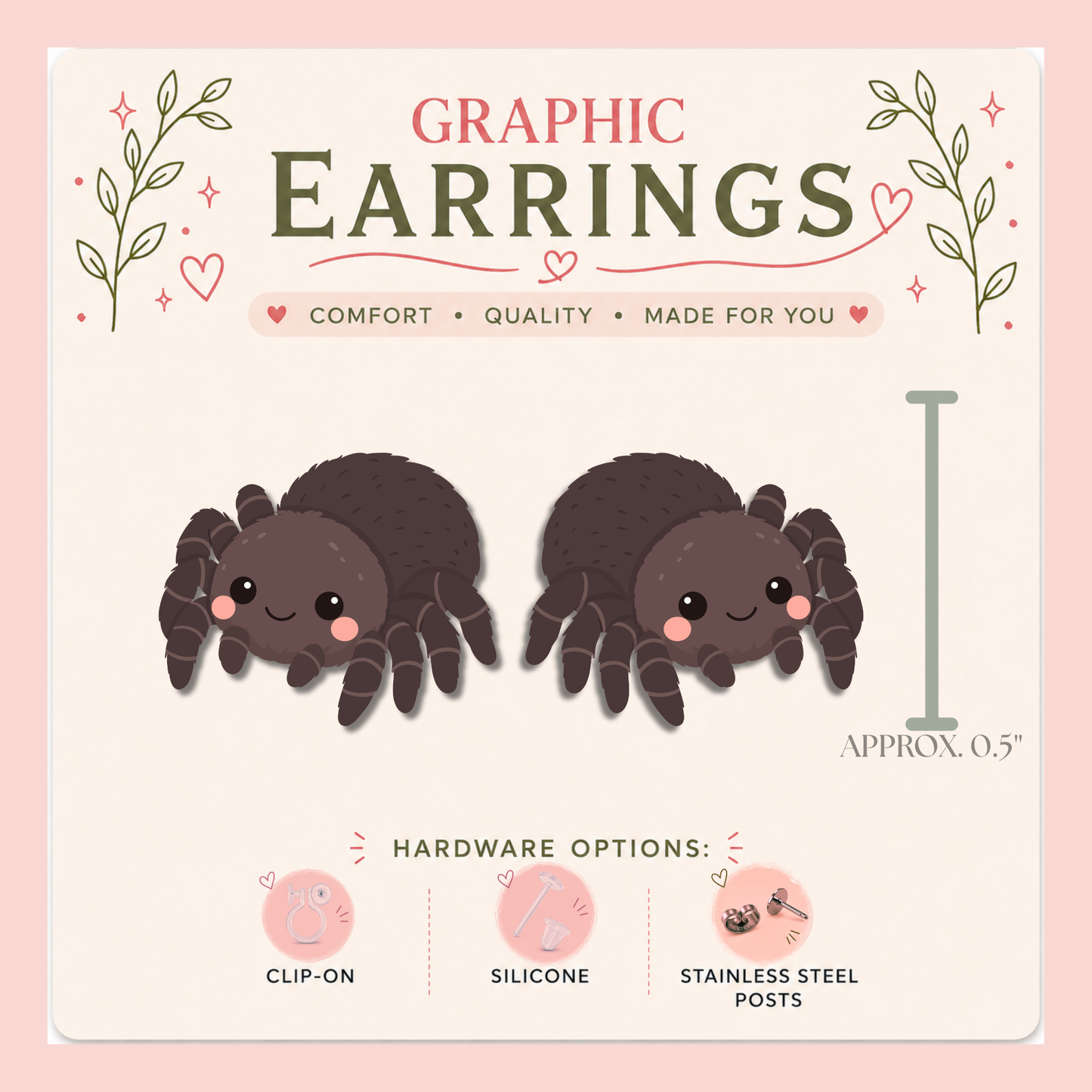 Cute Jumping Spider Graphic Stud Earrings | Kawaii Spider Earrings | Spider Lover Gift | Halloween Jewelry | Handmade Stud Earrings