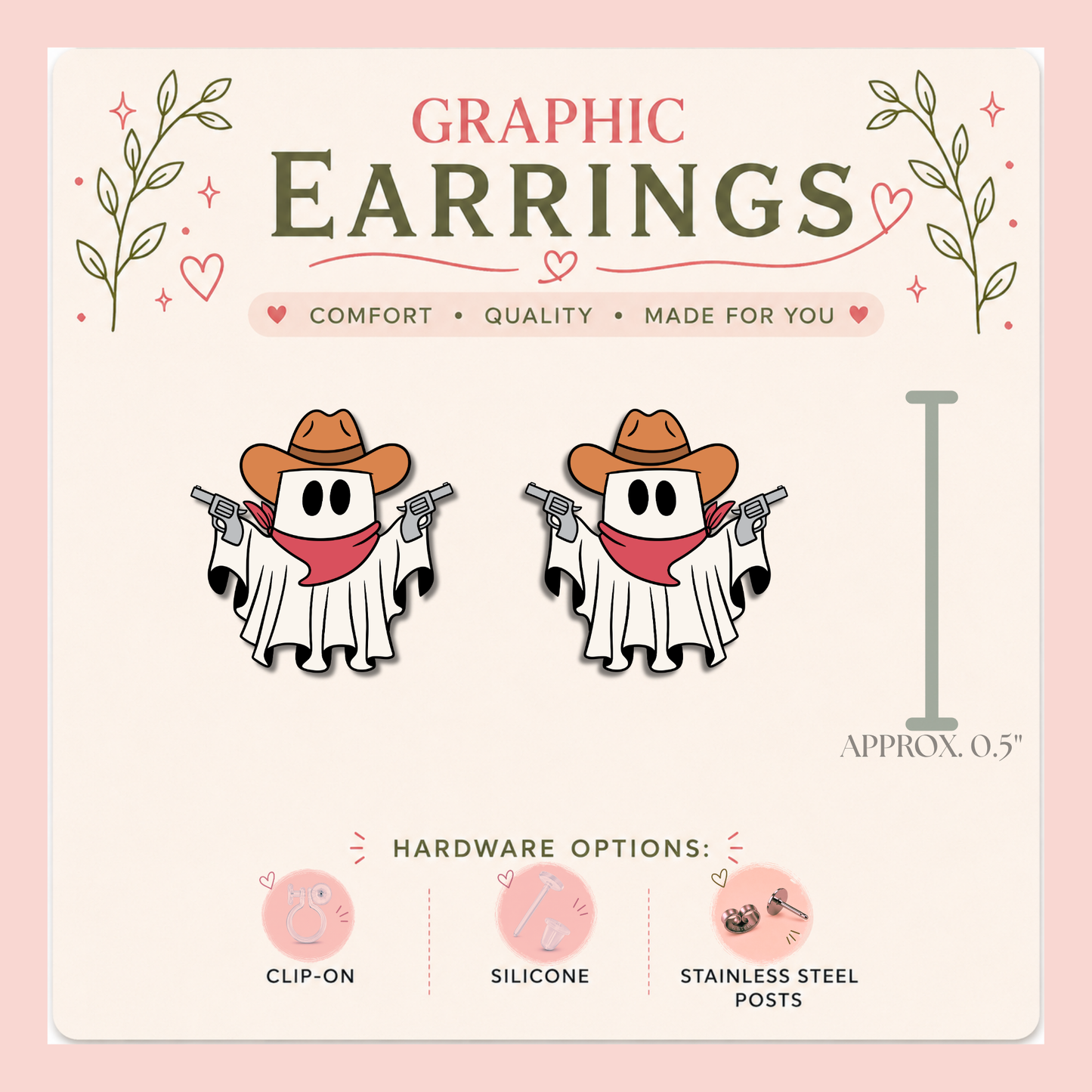 Cowboy Ghost Graphic Stud Earrings | Spooky Western Ghost Earrings | Halloween Cowgirl Jewelry | Cute Ghost Studs | Handmade Earrings